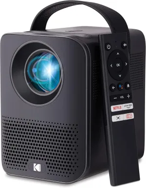 KODAK FLIK HD9 Smart Projector | Mini Black Portable Indoor & Outdoor Movie with Android TV Streaming Apps, Wi-Fi and Bluetooth, Built-In Speakers & Voice Remote | FHD 1080p for Screens Up to 120”