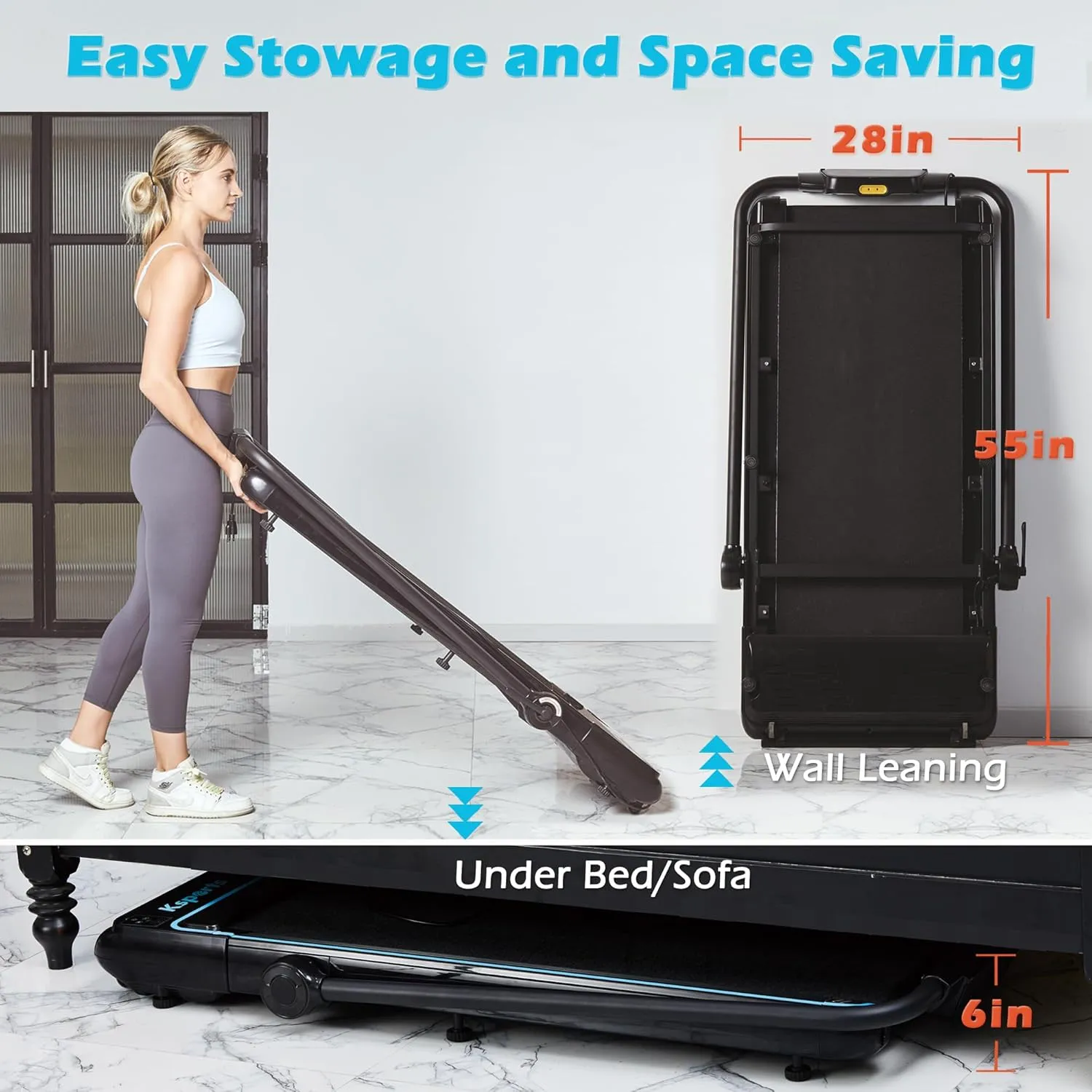 Ksports Walking Pad & Folding Treadmill – 2.5HP, Sit-Ups Mat, Bluetooth App, Portable Wheels | Incline, Desk, Dual Displays, 308 lbs & 265lbs Capacity
