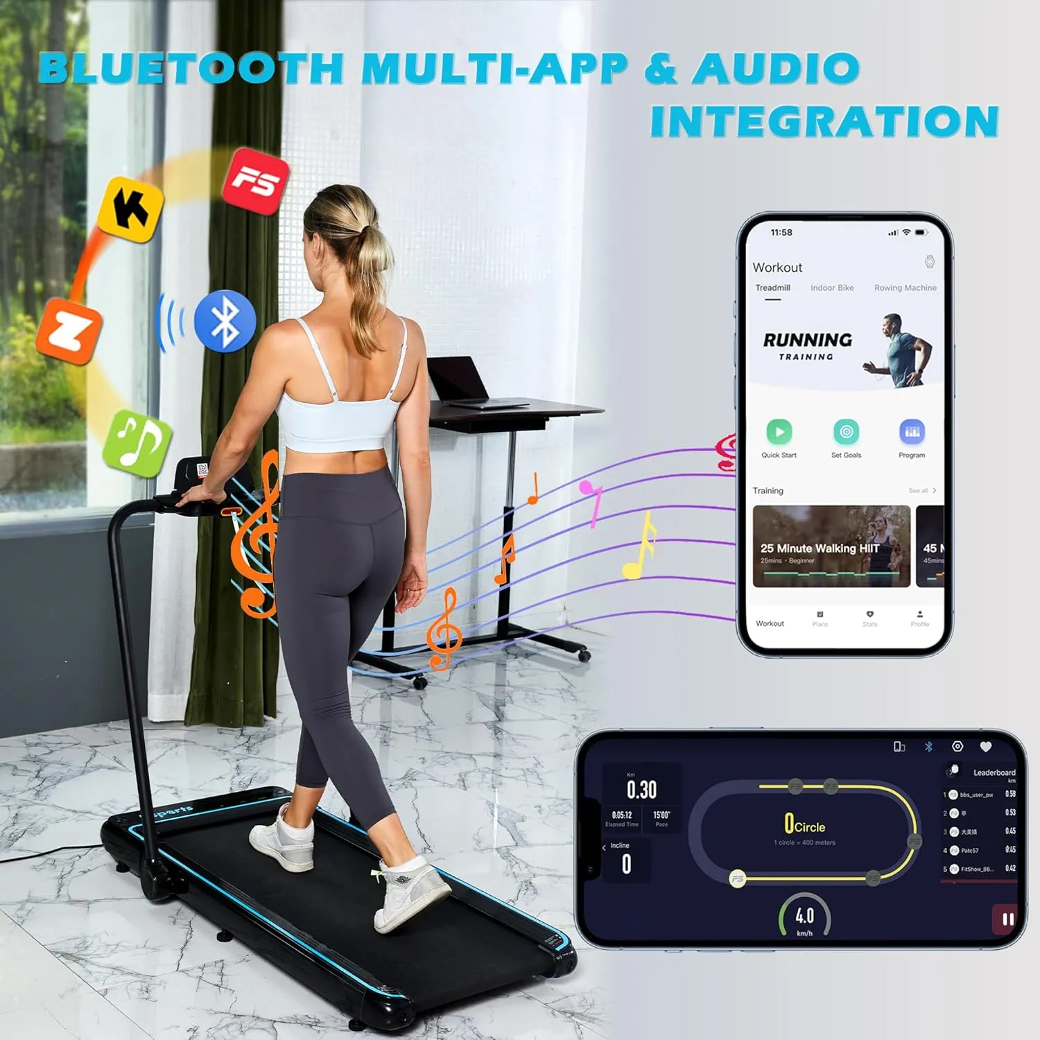 Ksports Walking Pad & Folding Treadmill – 2.5HP, Sit-Ups Mat, Bluetooth App, Portable Wheels | Incline, Desk, Dual Displays, 308 lbs & 265lbs Capacity