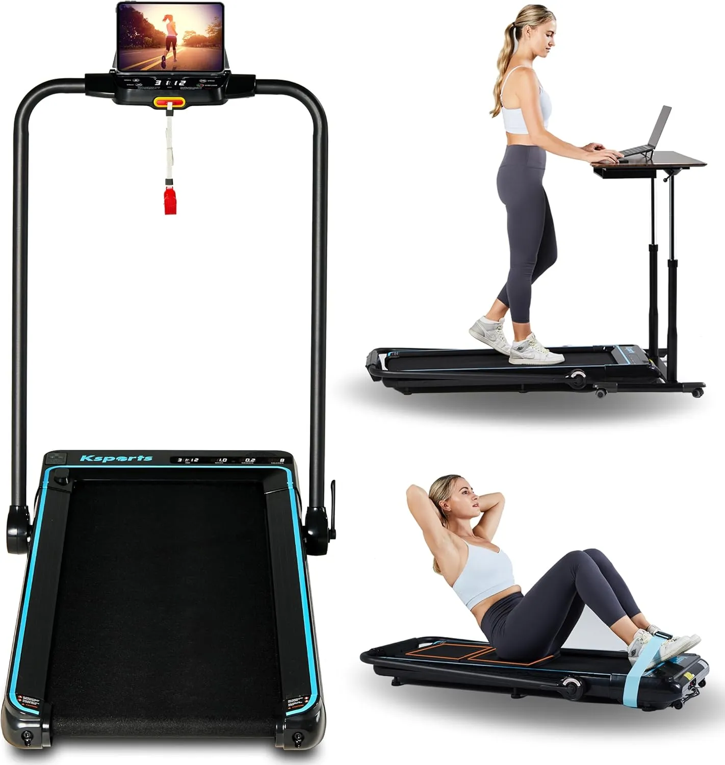 Ksports Walking Pad & Folding Treadmill – 2.5HP, Sit-Ups Mat, Bluetooth App, Portable Wheels | Incline, Desk, Dual Displays, 308 lbs & 265lbs Capacity
