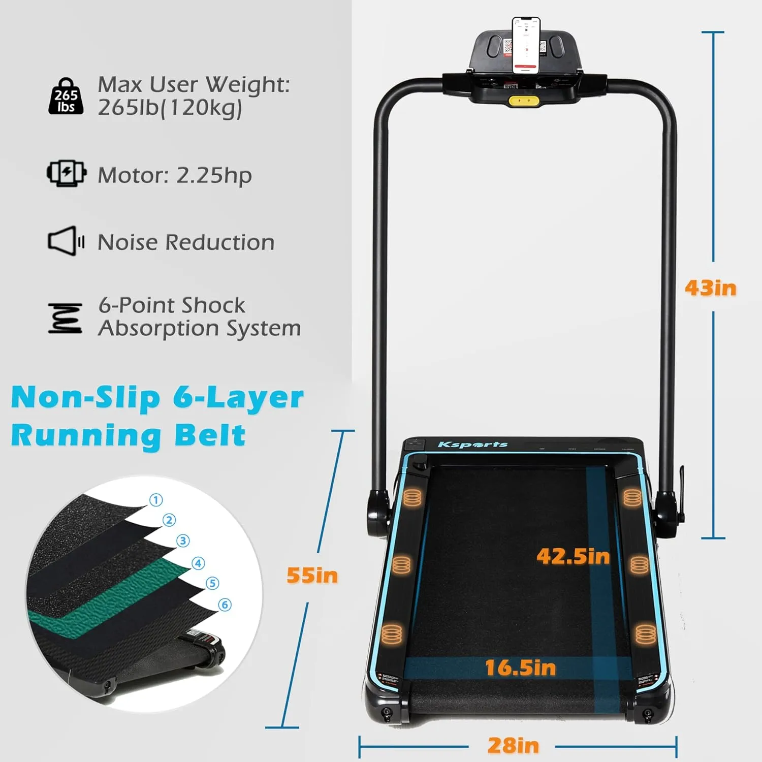 Ksports Walking Pad & Folding Treadmill – 2.5HP, Sit-Ups Mat, Bluetooth App, Portable Wheels | Incline, Desk, Dual Displays, 308 lbs & 265lbs Capacity