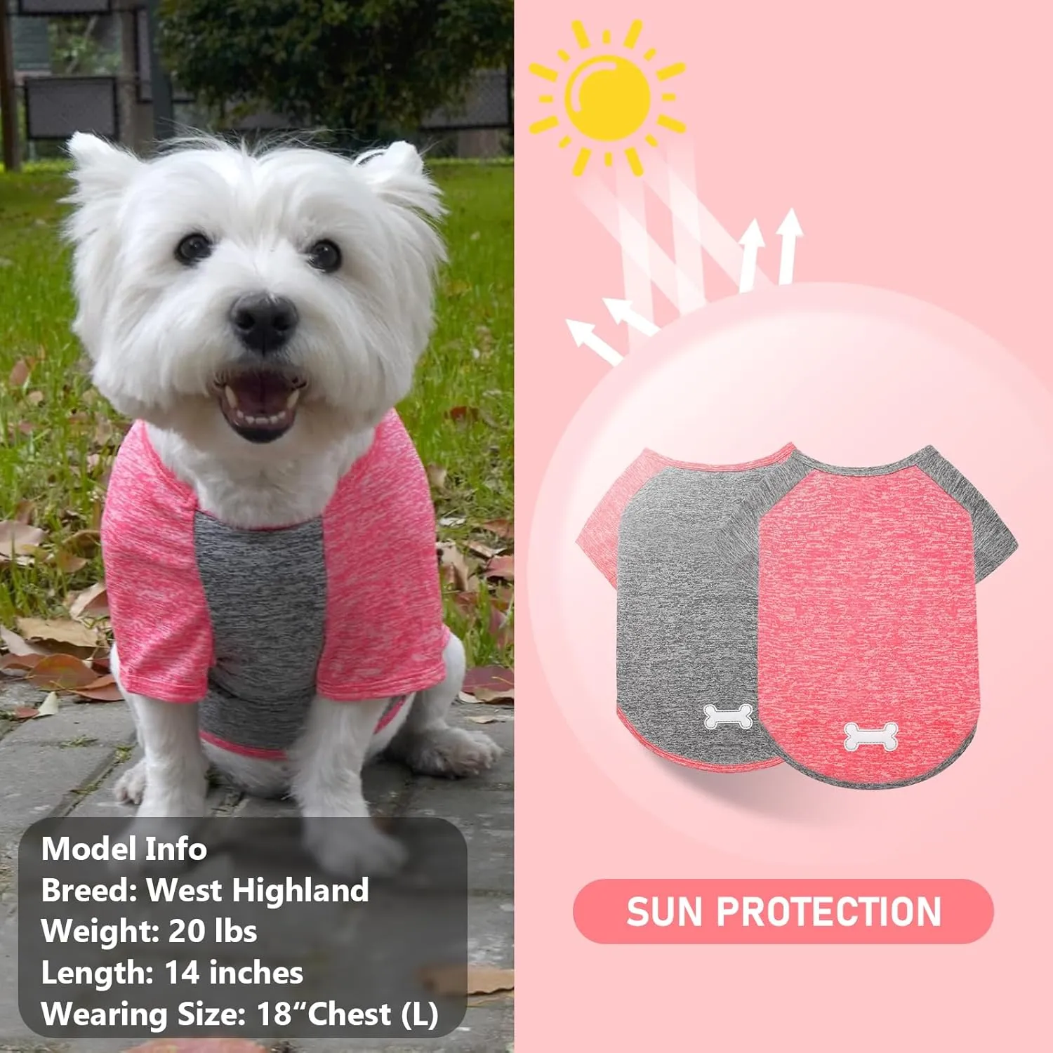 KYEESE 2 Pack Dog Shirts Quick Dry Lightweight Stretchy Dog T-Shirts with Reflective Label Raglan Sleeve Sun Protection Pet Clothes for Small Dogs, Coral Red Grey, S