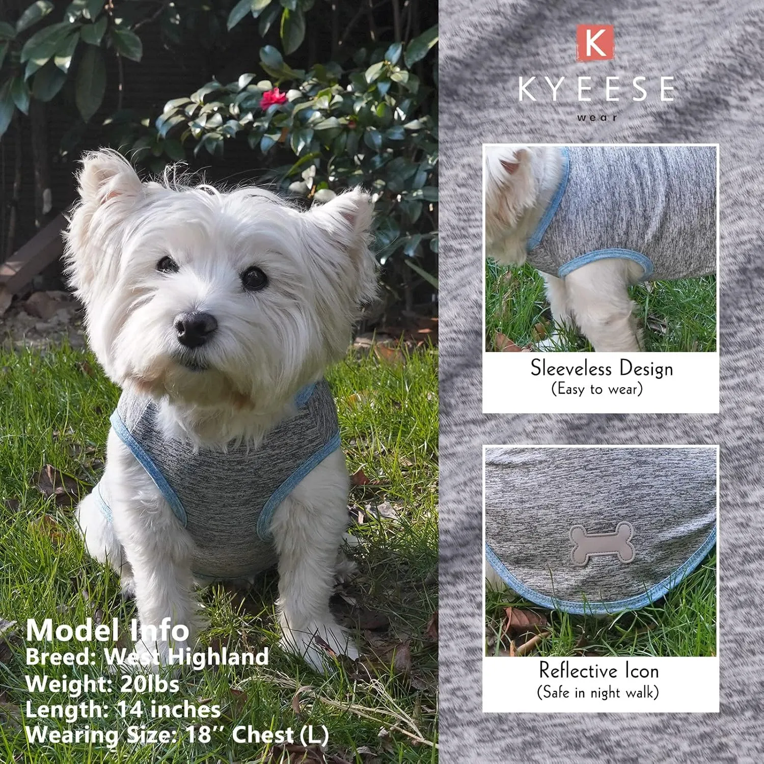 KYEESE 2 Pack Dog Shirts Quick Dry Soft Stretchy Pet T-Shirts with Reflective Label Tank Top Sleeveless Vest Sun Protection Dog Clothes for Small Dogs, Medium, Light Blue Grey