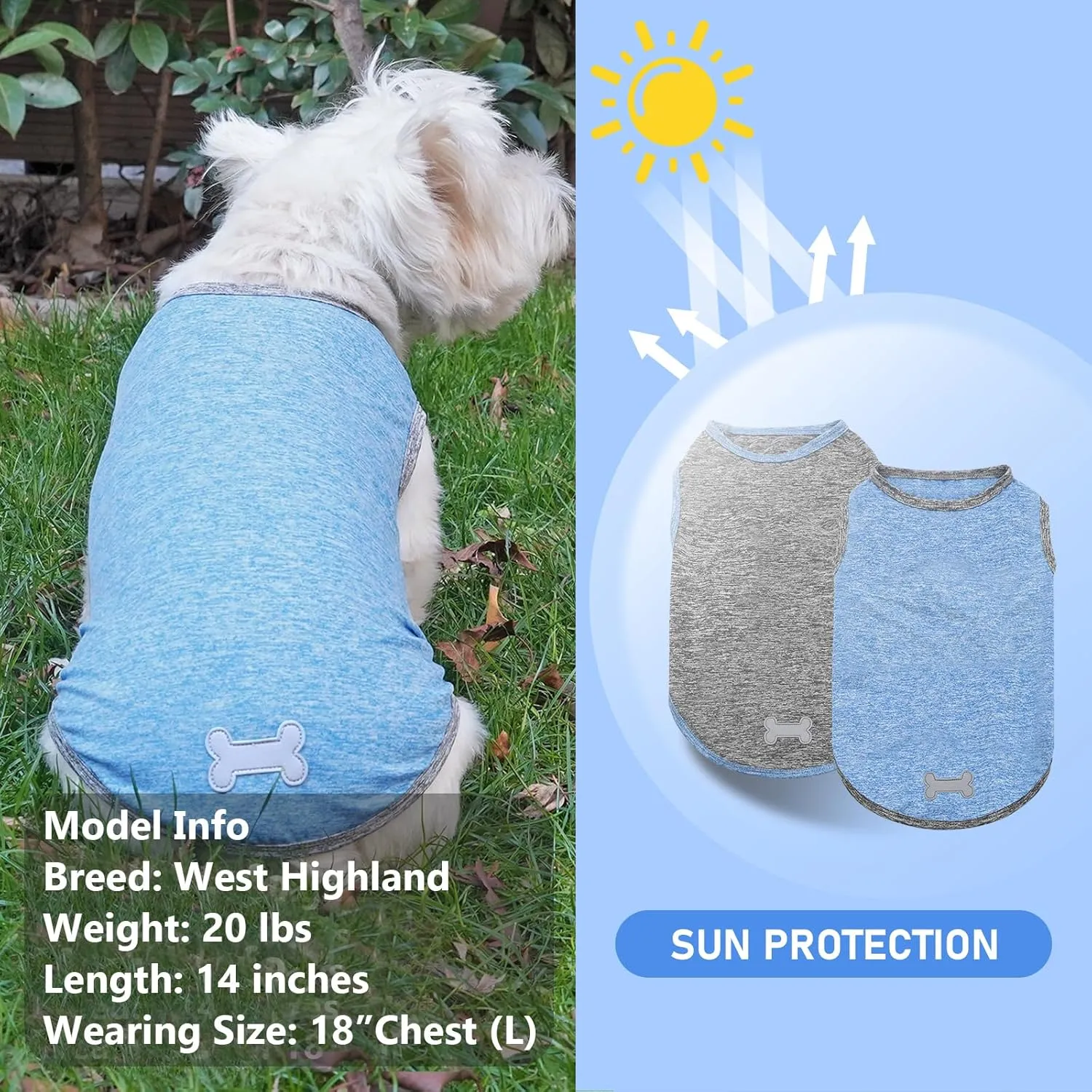 KYEESE 2 Pack Dog Shirts Quick Dry Soft Stretchy Pet T-Shirts with Reflective Label Tank Top Sleeveless Vest Sun Protection Dog Clothes for Small Dogs, Medium, Light Blue Grey