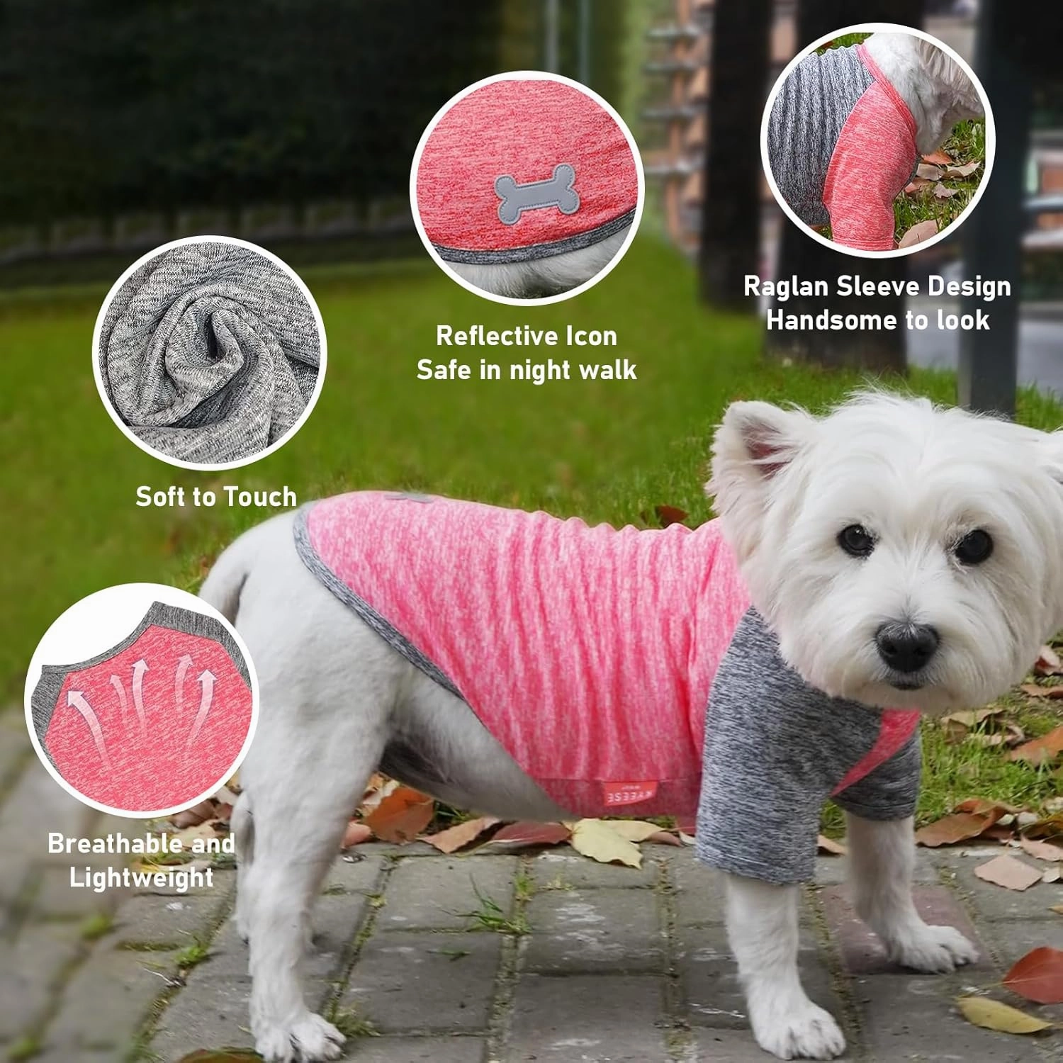 KYEESE 2 Pack Dog Shirts Quick Dry Raglan Sleeve Soft Stretchy Dog T-Shirts with Reflective Label Pet Clothes for Small Dogs Sun Protection Pet Apparel, Coral Red Grey, L