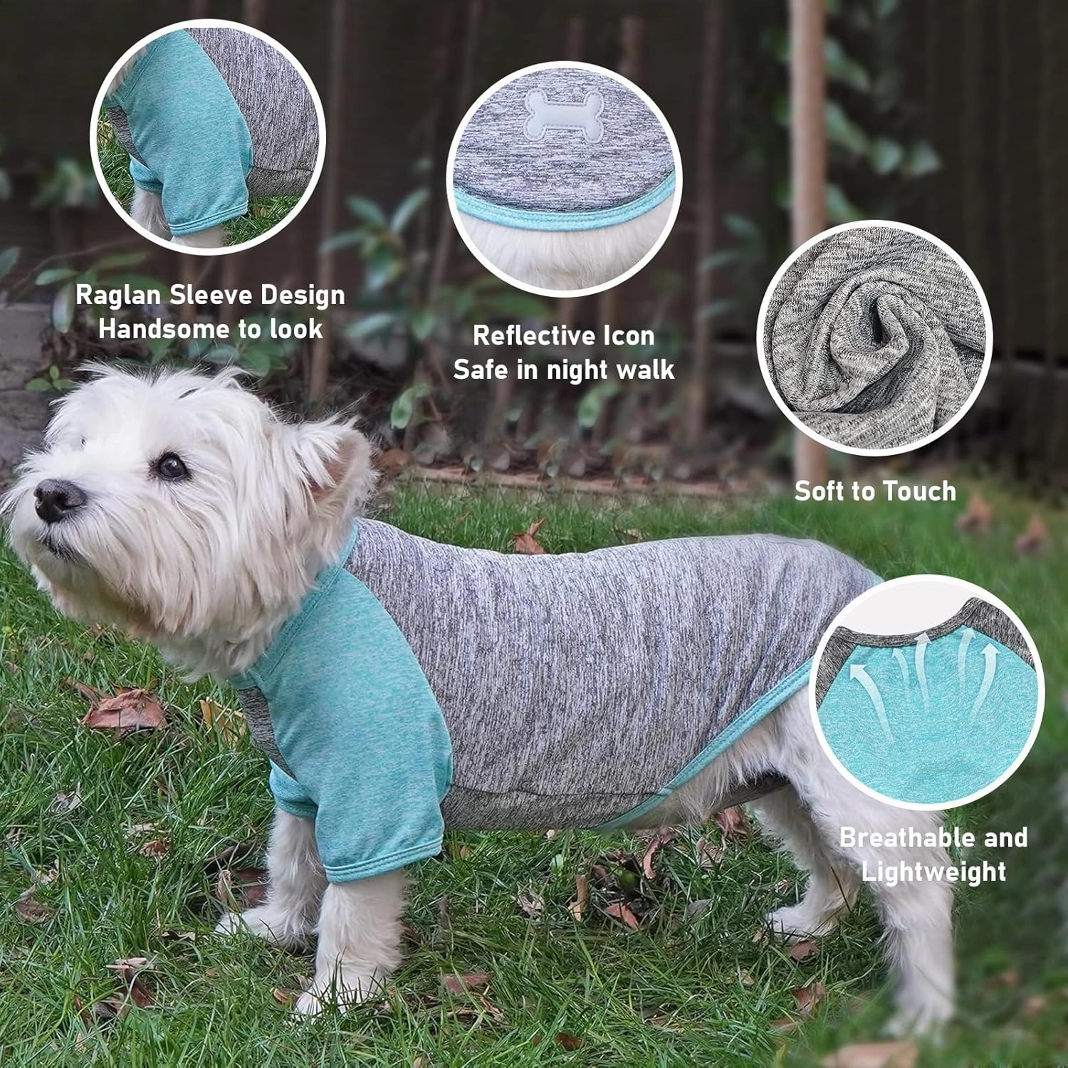 KYEESE 2 Pack Dog Shirts Quick Dry Raglan Sleeve Soft Stretchy Dog T-Shirts with Reflective Label Pet Clothes for Small Dogs Sun Protection Pet Apparel, Large, Grey Blue