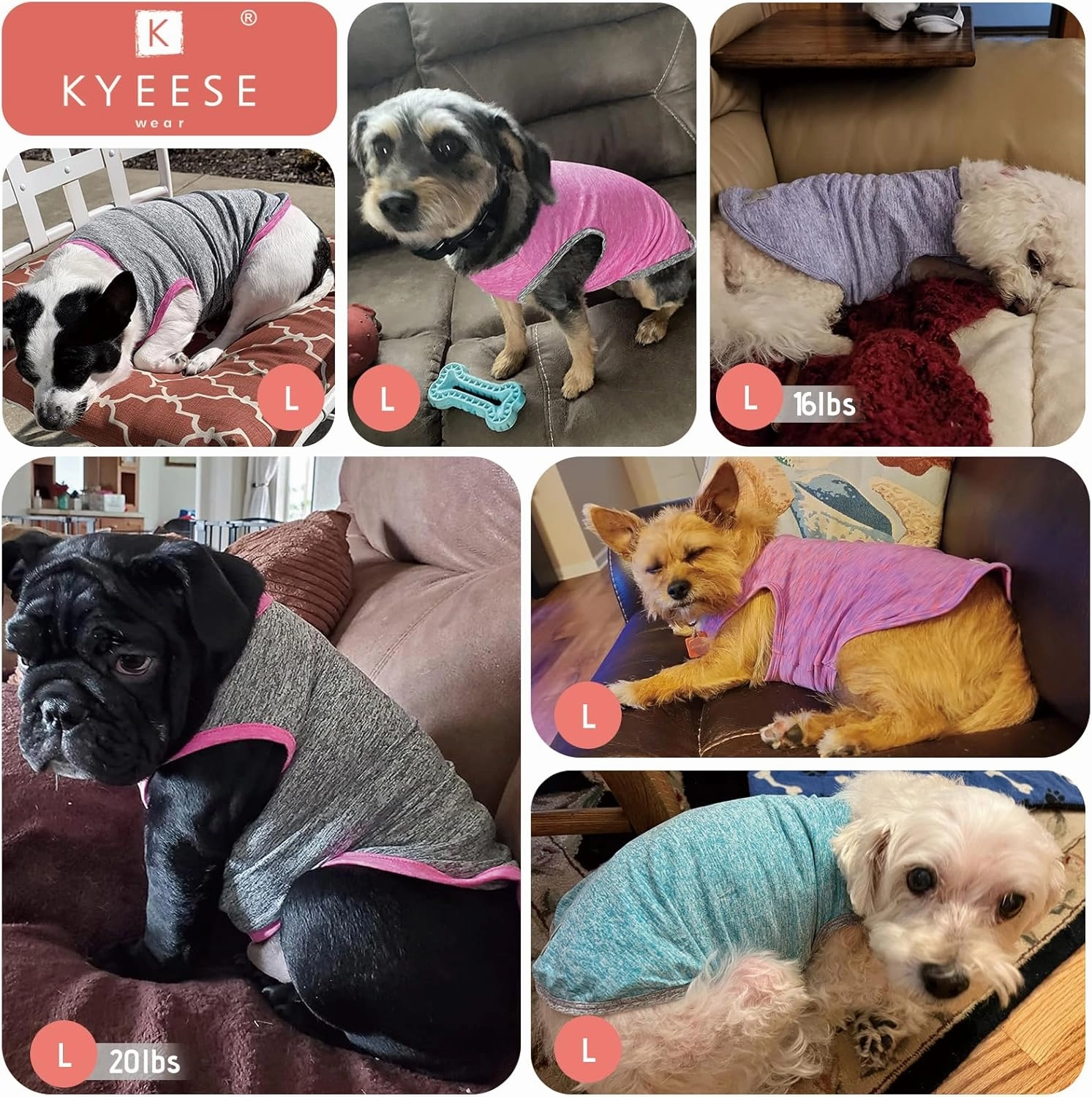 KYEESE 2 Pack Dog Shirts Quick Dry Soft Stretchy Sun Protection Dog T-Shirts with Reflective Label Tank Top Sleeveless Vest Pet Clothes for Small Medium Pet, Large, Purple Pink