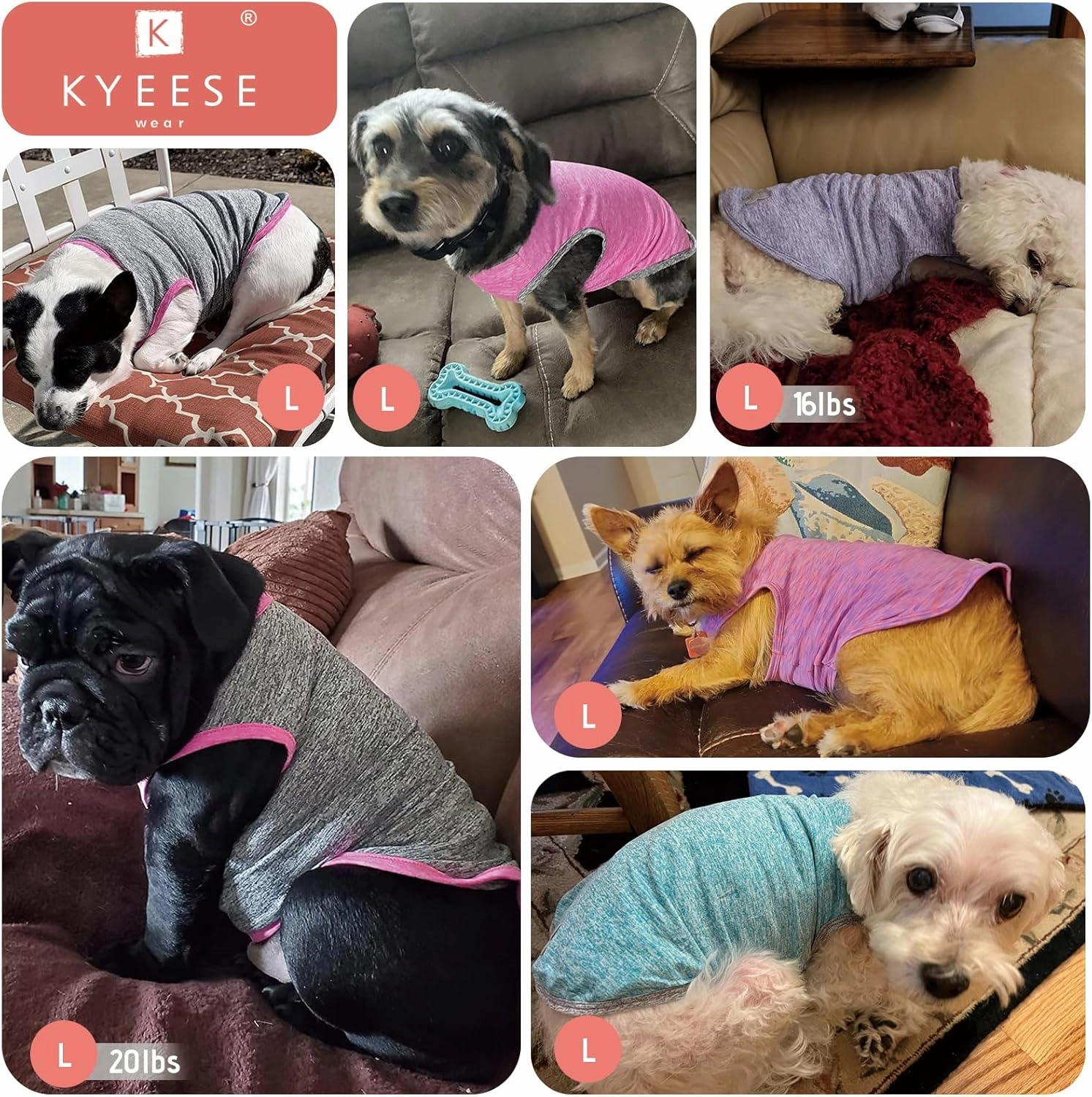 KYEESE 2 Pack Sun Protection Dog Shirts Quick Dry Soft Stretchy Dog T-Shirts with Reflective Label Tank Top Sleeveless Vest Pet Clothes for Small Medium Pet, Large, Grey Blue