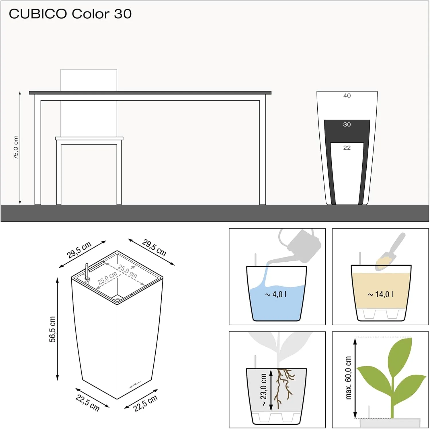 Lechuza 13138 Cubico Color 30 Self-Watering Planter for Indoor and Outdoor Use, 12" x 12" x 22", Slate