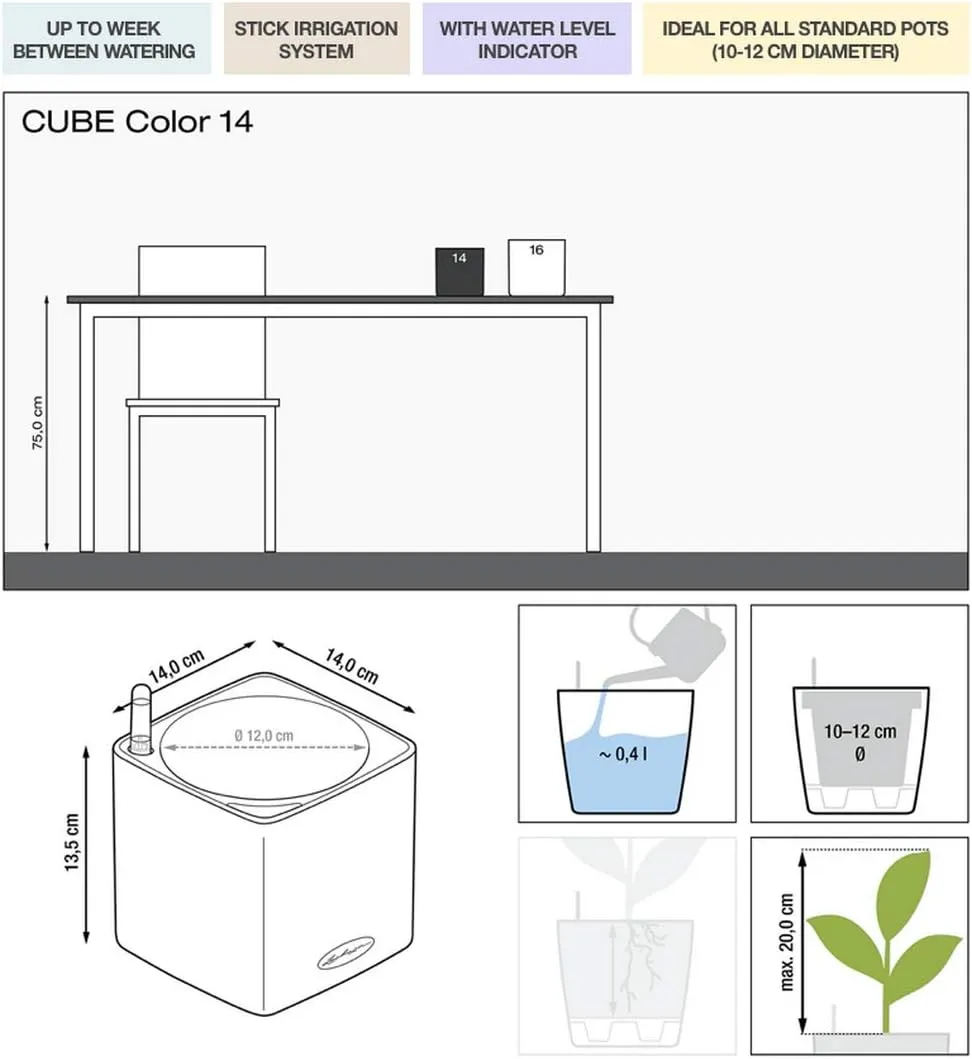 Lechuza 13384 Cube Color 14 Self-Watering Planter for Indoor and Outdoor Use, 6" x 6" x5", Slate