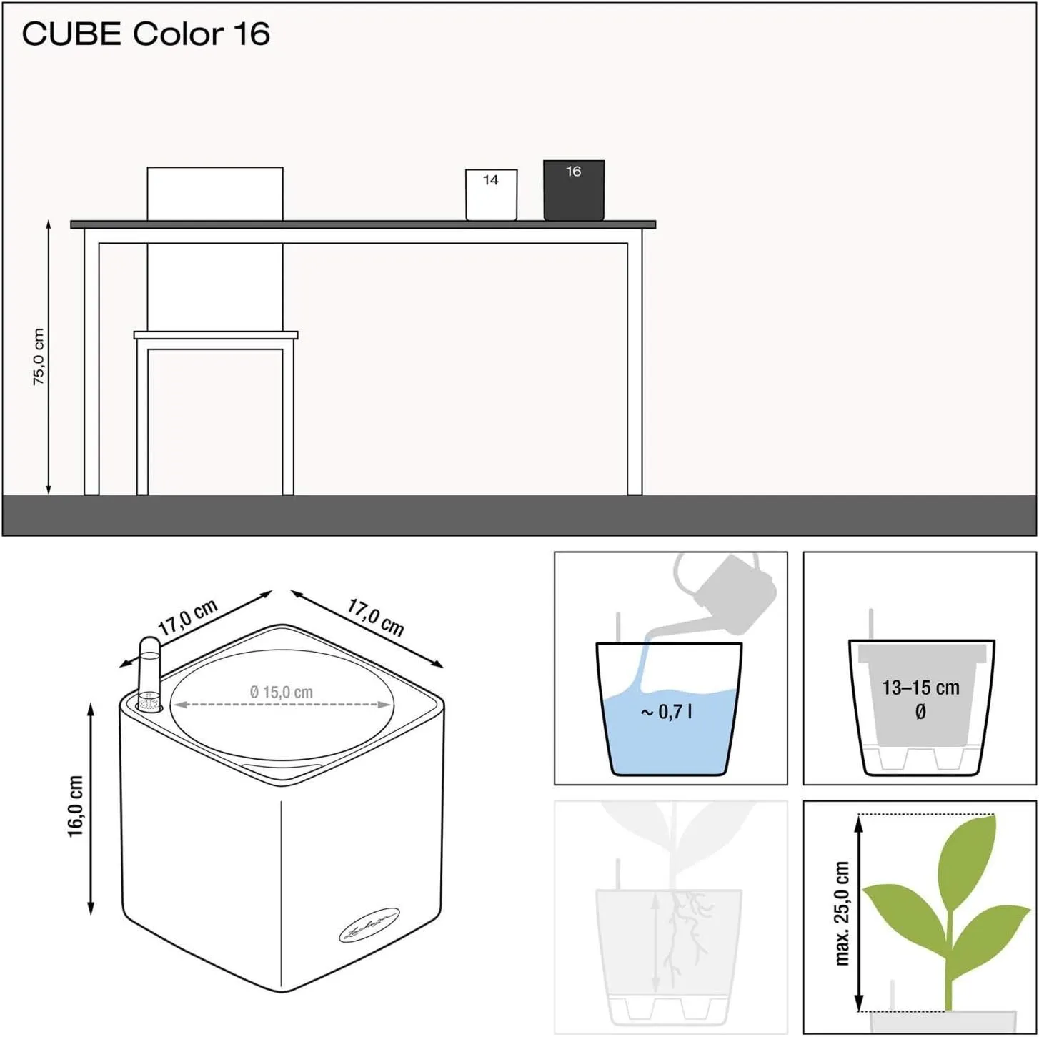 Lechuza 13488 Cube Color 16 Self-Watering Planter for Indoor and Outdoor Use, 7" x 7" x 6", Sand Brown