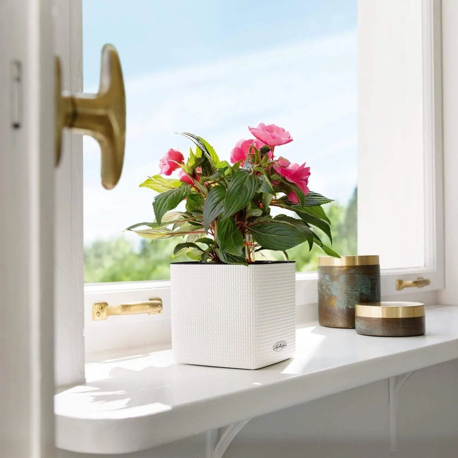Lechuza 13488 Cube Color 16 Self-Watering Planter for Indoor and Outdoor Use, 7" x 7" x 6", Sand Brown