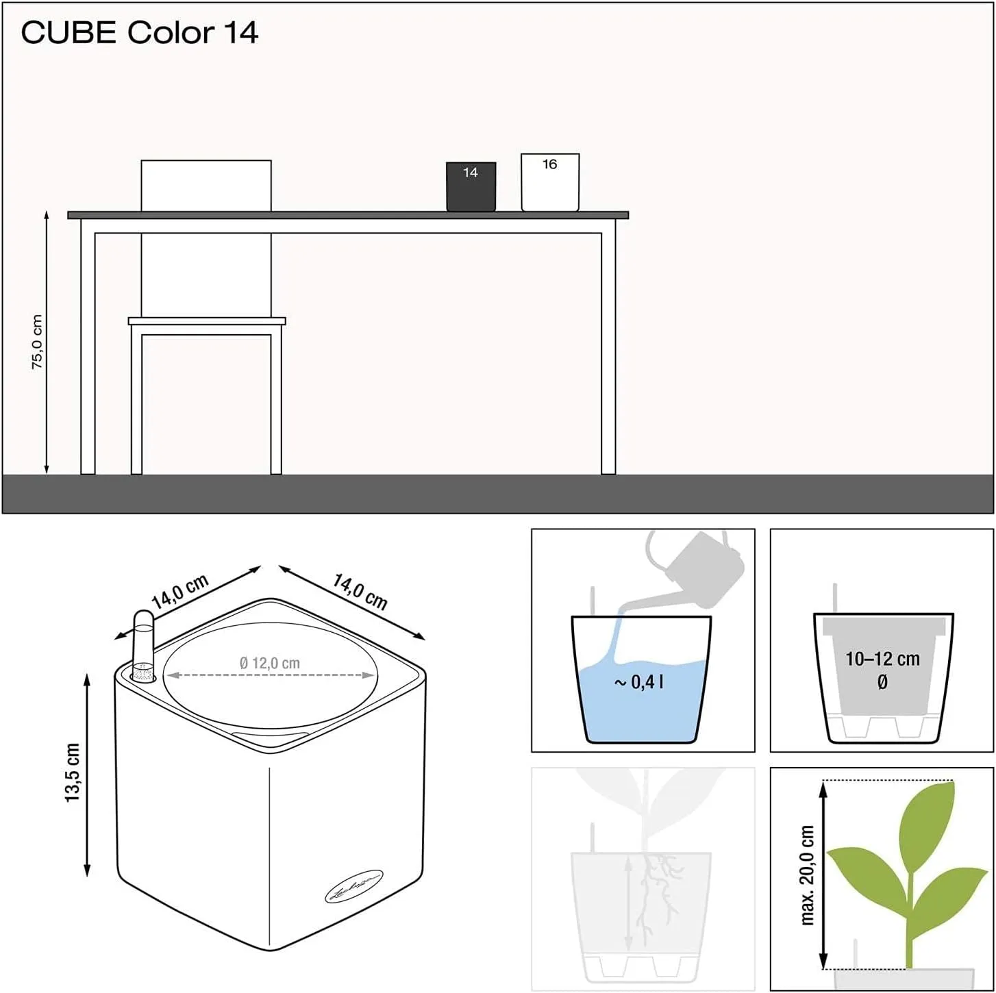 Lechuza Cube Color 14 Planter, Sand Brown, 6" x 6" x 5"