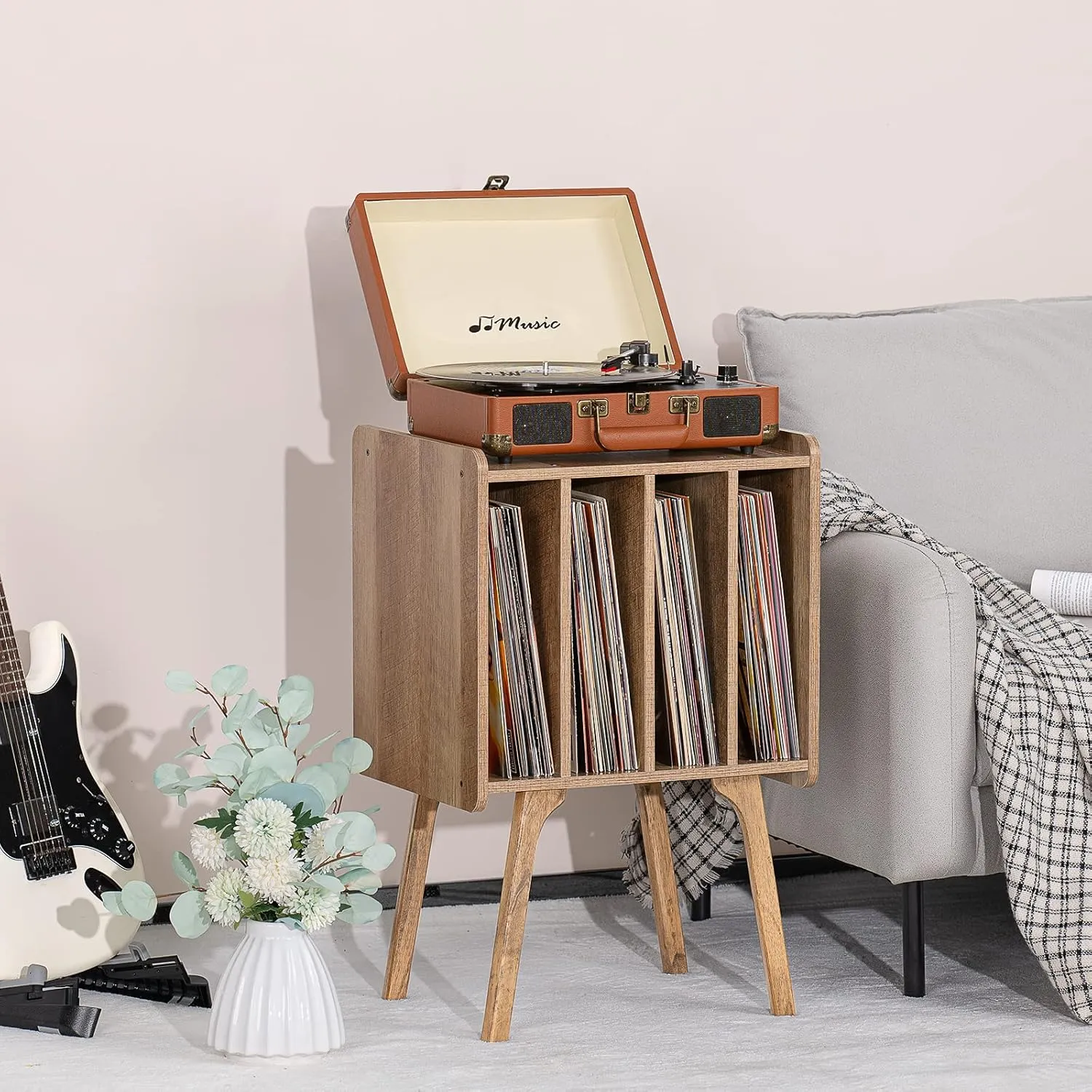 LELELINKY Record Player Stand,Vinyl Record Storage Table with 4 Cabinet Up to 100 Albums,Mid-Century Modern Turntable Stand with Wood Legs,Oak Grey Vinyl Holder Display Shelf for Bedroom Living Room