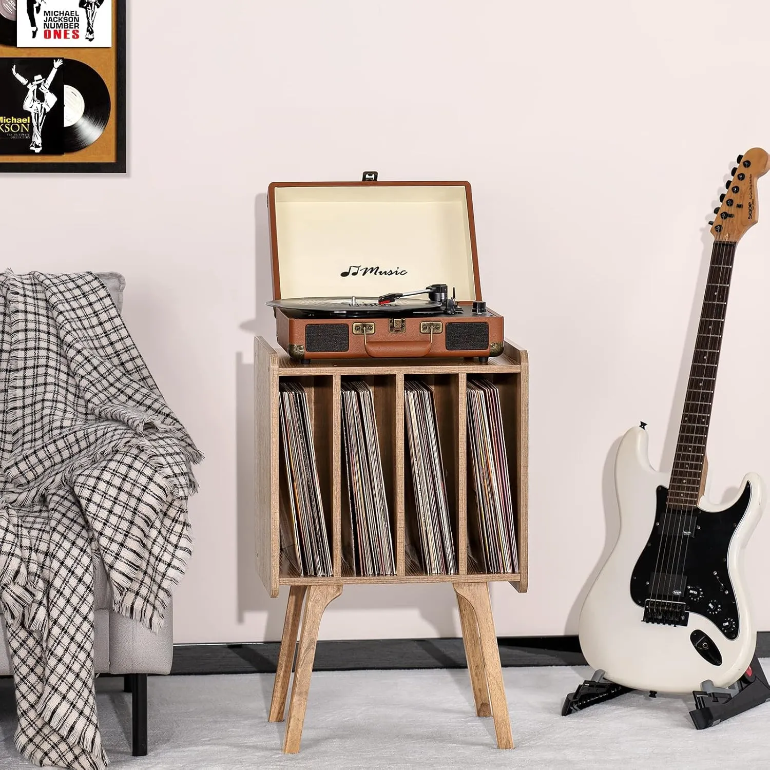 LELELINKY Record Player Stand,Vinyl Record Storage Table with 4 Cabinet Up to 100 Albums,Mid-Century Modern Turntable Stand with Wood Legs,Oak Grey Vinyl Holder Display Shelf for Bedroom Living Room