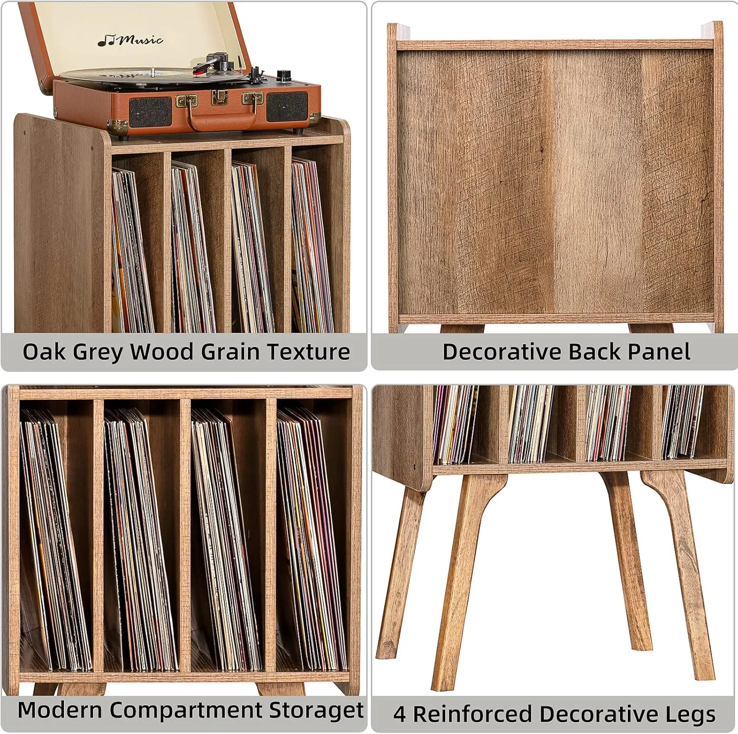 LELELINKY Record Player Stand,Vinyl Record Storage Table with 4 Cabinet Up to 100 Albums,Mid-Century Modern Turntable Stand with Wood Legs,Oak Grey Vinyl Holder Display Shelf for Bedroom Living Room