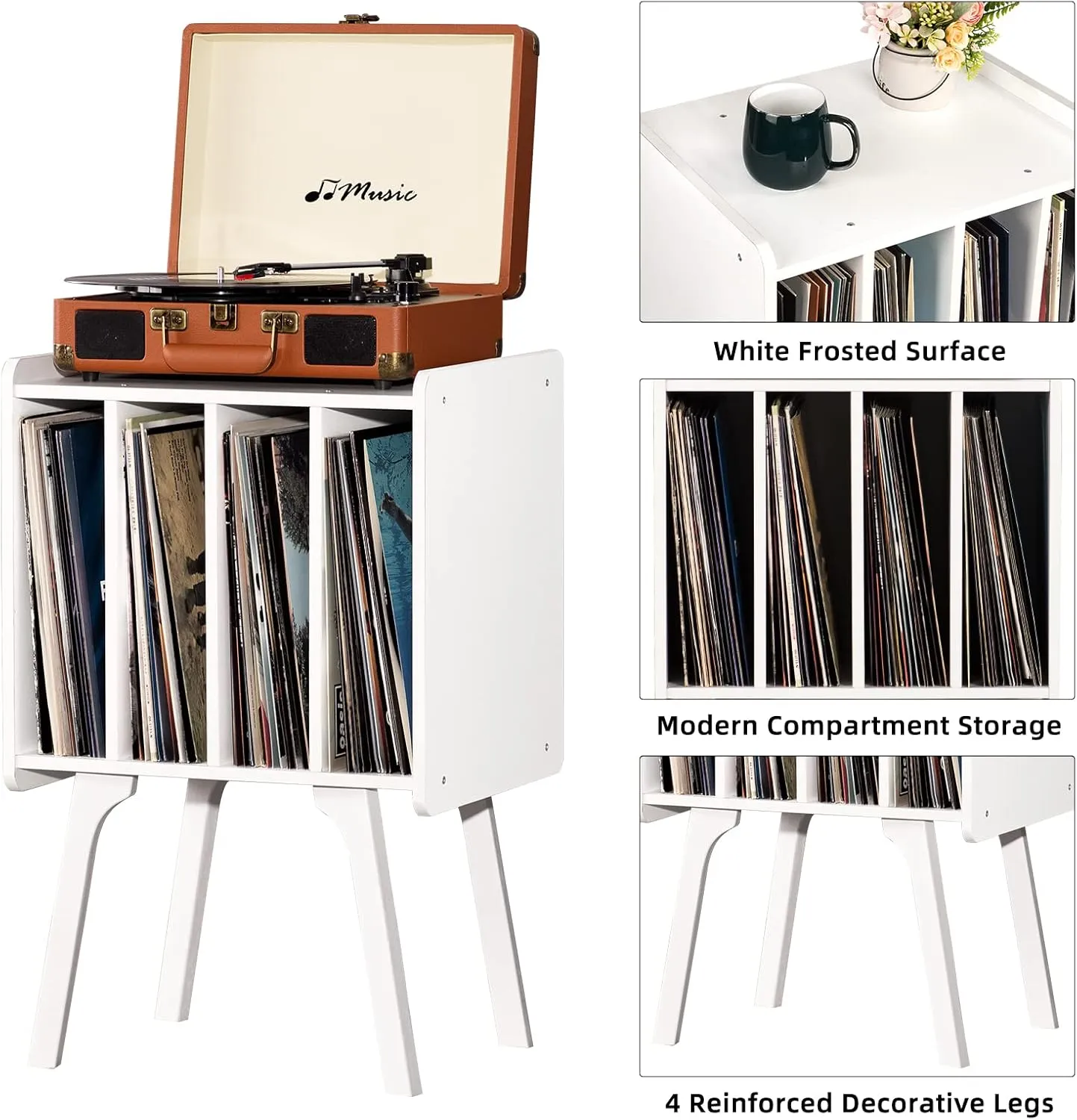 LELELINKY Record Player Stand,Vinyl Record Storage Table with 4 Cabinet Up to 100 Albums,Mid-Century Modern Turntable Stand with Wood Legs,White Vinyl Holder Display Shelf for Bedroom Living Room