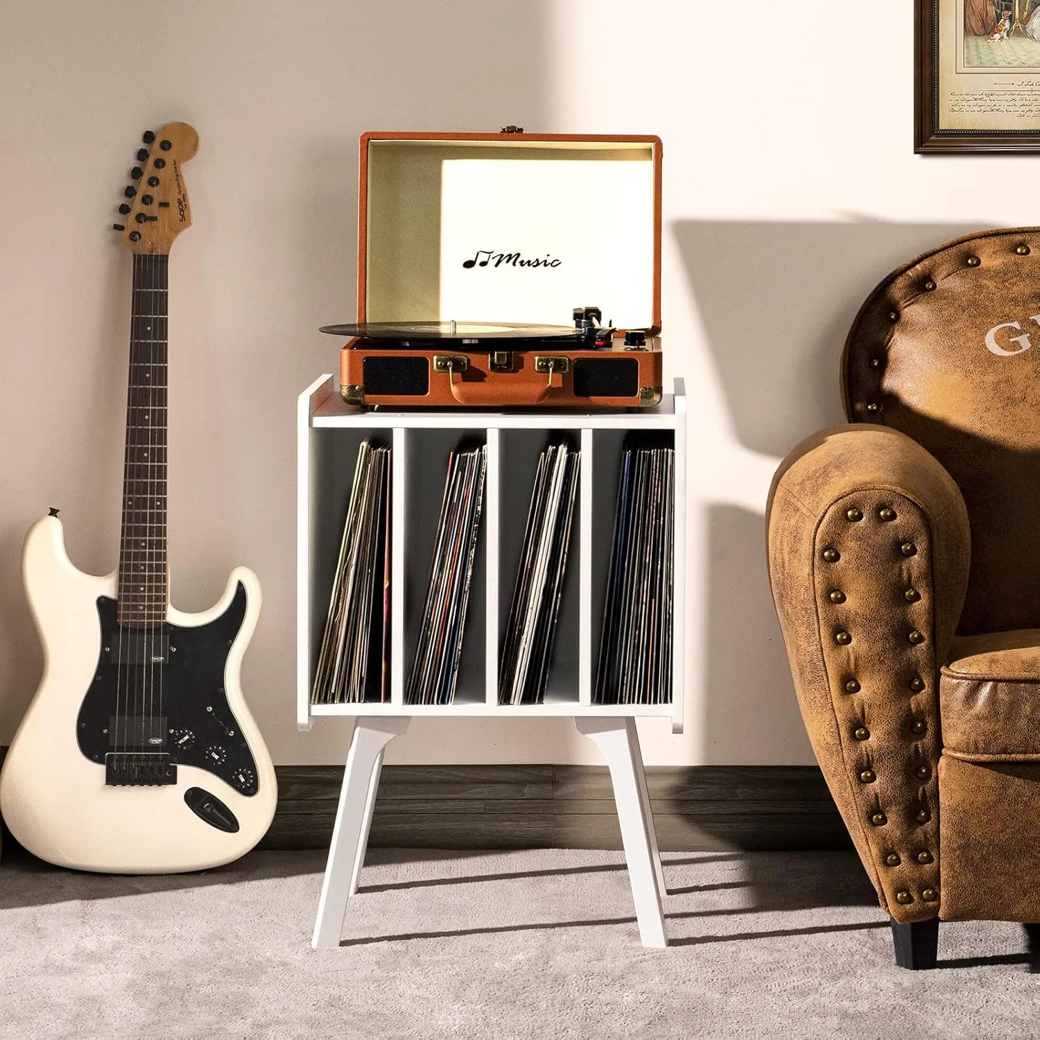 LELELINKY Record Player Stand,Vinyl Record Storage Table with 4 Cabinet Up to 100 Albums,Mid-Century Modern Turntable Stand with Wood Legs,White Vinyl Holder Display Shelf for Bedroom Living Room