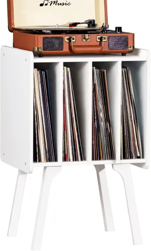 LELELINKY Record Player Stand,Vinyl Record Storage Table with 4 Cabinet Up to 100 Albums,Mid-Century Modern Turntable Stand with Wood Legs,White Vinyl Holder Display Shelf for Bedroom Living Room