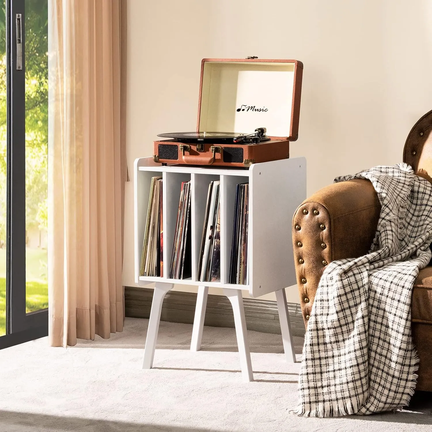 LELELINKY Record Player Stand,Vinyl Record Storage Table with 4 Cabinet Up to 100 Albums,Mid-Century Modern Turntable Stand with Wood Legs,White Vinyl Holder Display Shelf for Bedroom Living Room