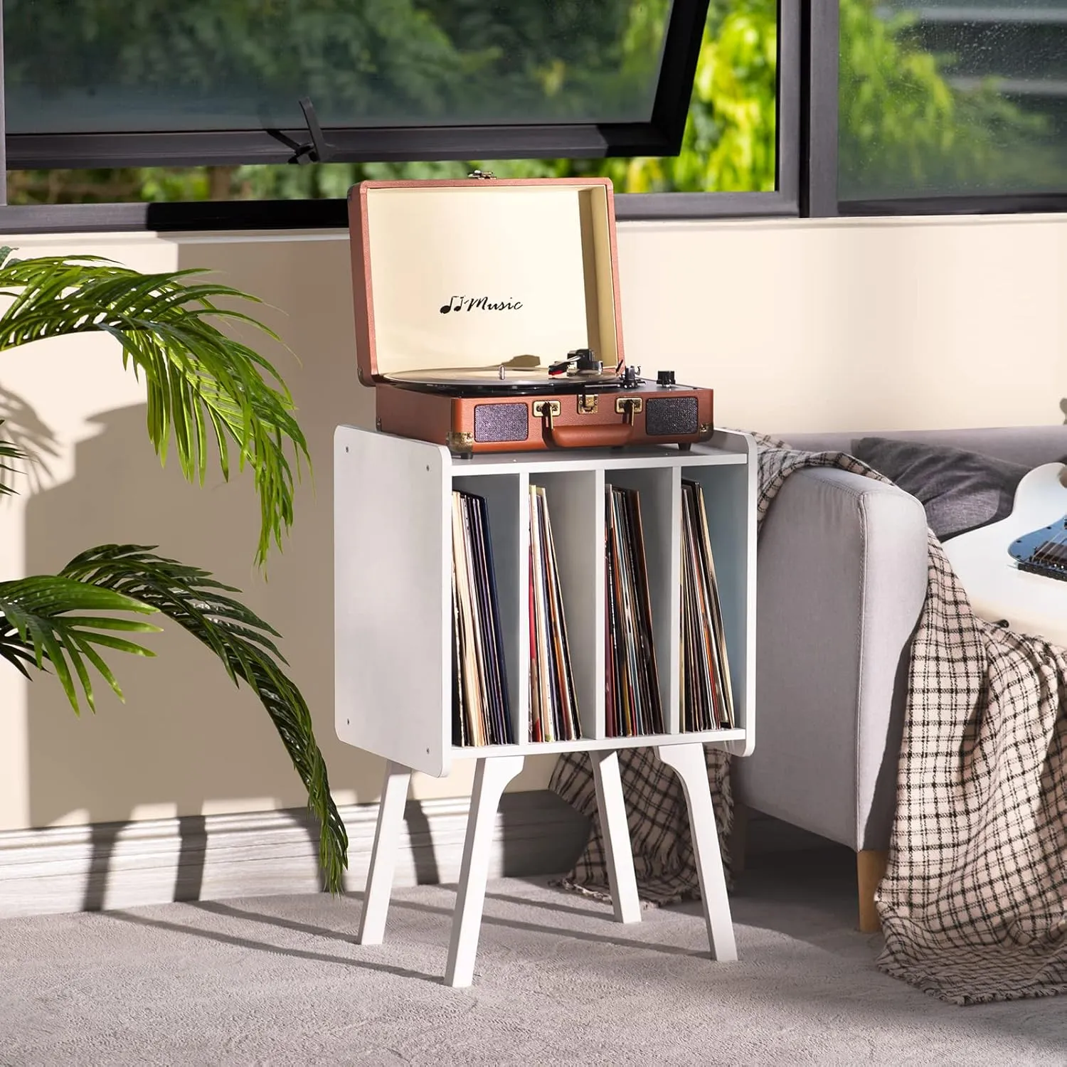 LELELINKY Record Player Stand,Vinyl Record Storage Table with 4 Cabinet Up to 100 Albums,Mid-Century Modern Turntable Stand with Wood Legs,White Vinyl Holder Display Shelf for Bedroom Living Room