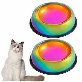 LEOWOW Rainbow Color Stainless Steel Cat Bowl Water & Feeder Bowls 2 in 1 Slow Feed Bowl for Small/Medium Cats/Dogs with Non-Skid Rubber Base 9.5 Oz /280ml Capacity Each (Set of 2)