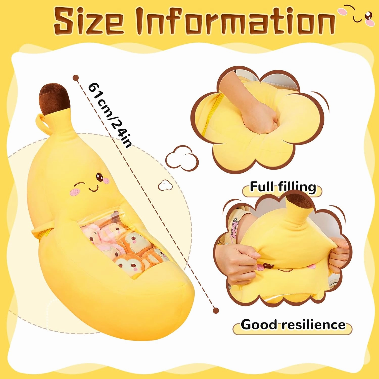 Lewtemi Cute Banana Pillow Kawaii Stuffed Animal Removable Emotional Plushes Support Cat Dinosaur Plush Toys Positive Gift for Home Room Decor(Banana)