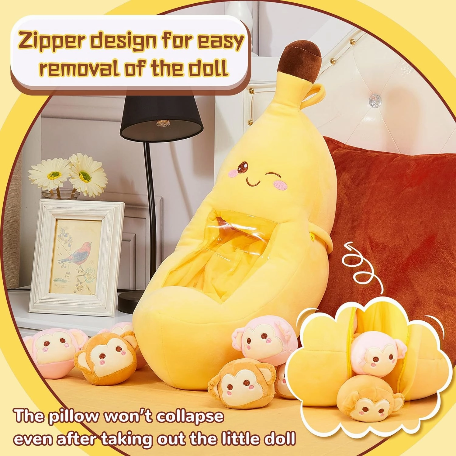Lewtemi Cute Banana Pillow Kawaii Stuffed Animal Removable Emotional Plushes Support Cat Dinosaur Plush Toys Positive Gift for Home Room Decor(Banana)