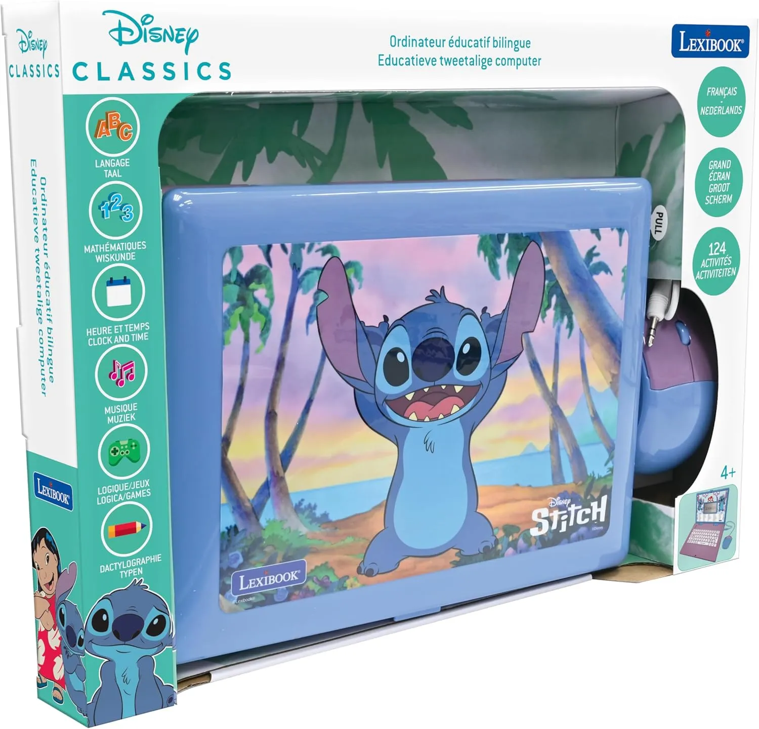 Lexibook, Disney Stitch Educational Computer Bilingual French/Dutch Children's Toy with 124 Activities for Learning, Fun and Piano, Blue, JC598Di10