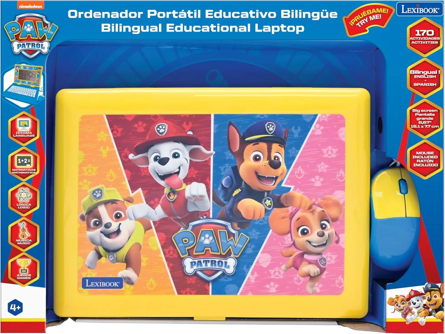LEXiBOOK - Paw Patrol - Bilingual and Educational Laptop English/Spanish - Toy for Children, 170 Activities to Learn, Play Games and Music, Large Screen - JC599PAi2, Blue / Yellow