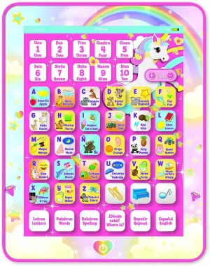 Lexibook Unicorn Educational Bilingual Interactive Learning Tablet, Toy to Learn Alphabet Letters Numbers Words Spelling and Music, English / Spanish Languages, Pink, JCPAD002UNIi2
