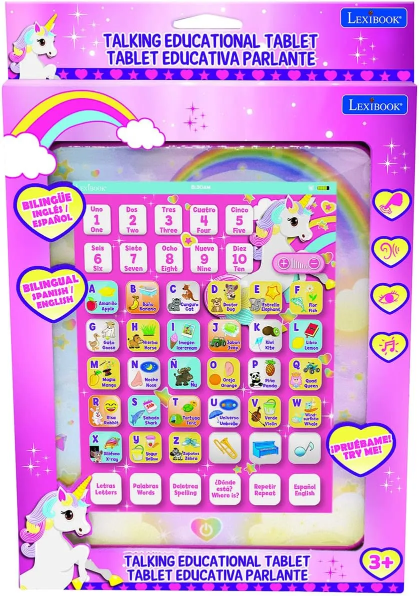 Lexibook Unicorn Educational Bilingual Interactive Learning Tablet, Toy to Learn Alphabet Letters Numbers Words Spelling and Music, English / Spanish Languages, Pink, JCPAD002UNIi2