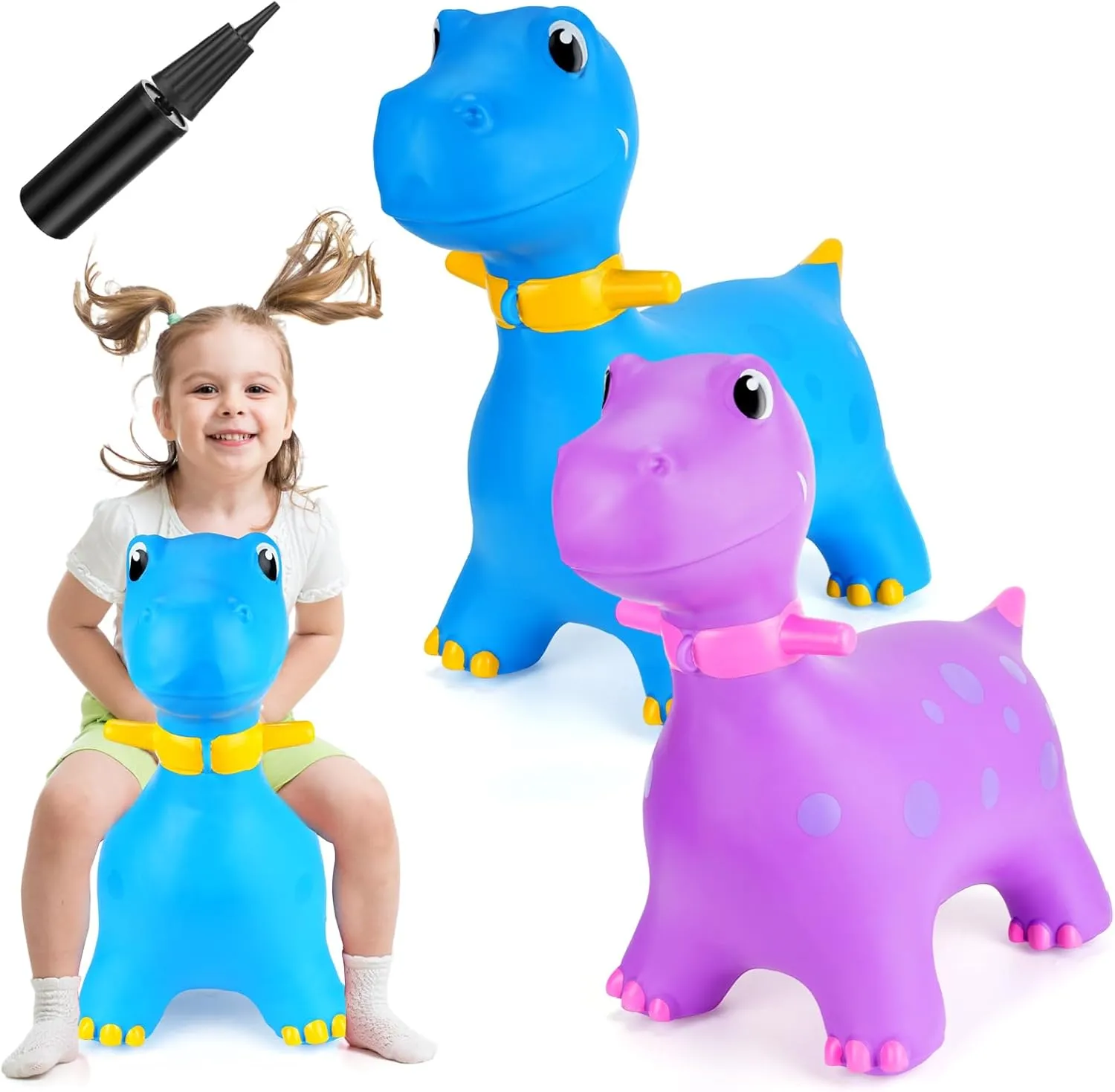 Leyndo 2 Pcs Dinosaur Bouncy Hopper Inflatable Ride on Bouncing Dinosaur Animal Jumping Toys with Pump Dinosaur Ride on Hopping Toys for 2   Years Old Girls Boys, 2 Colors