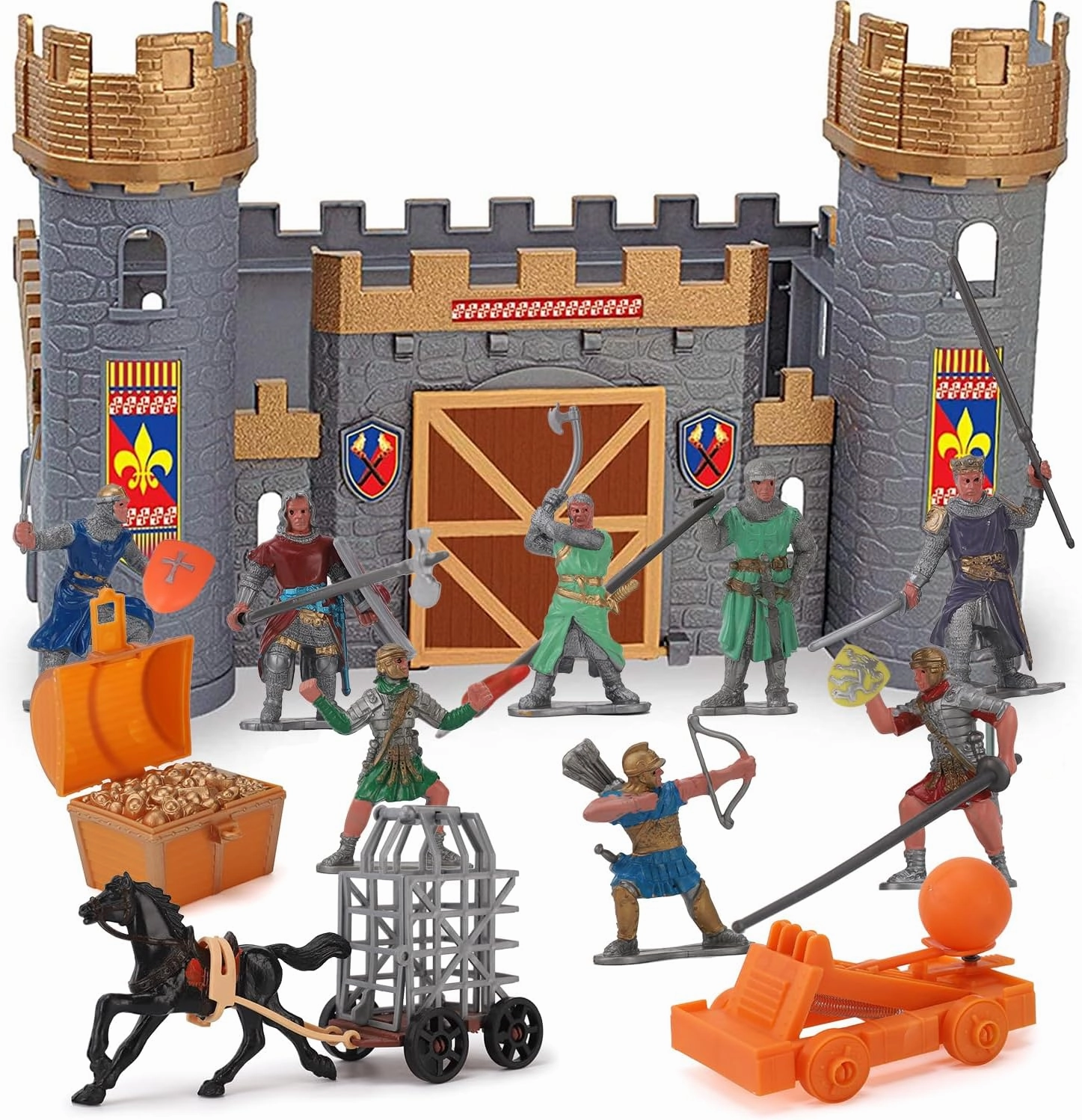 Liberty Imports Medieval Castle Kingdom Knights Action Figure Toy Army Playset with Castle, Figurines, Catapult, and Acessories Kids Playset in Storage Bucket
