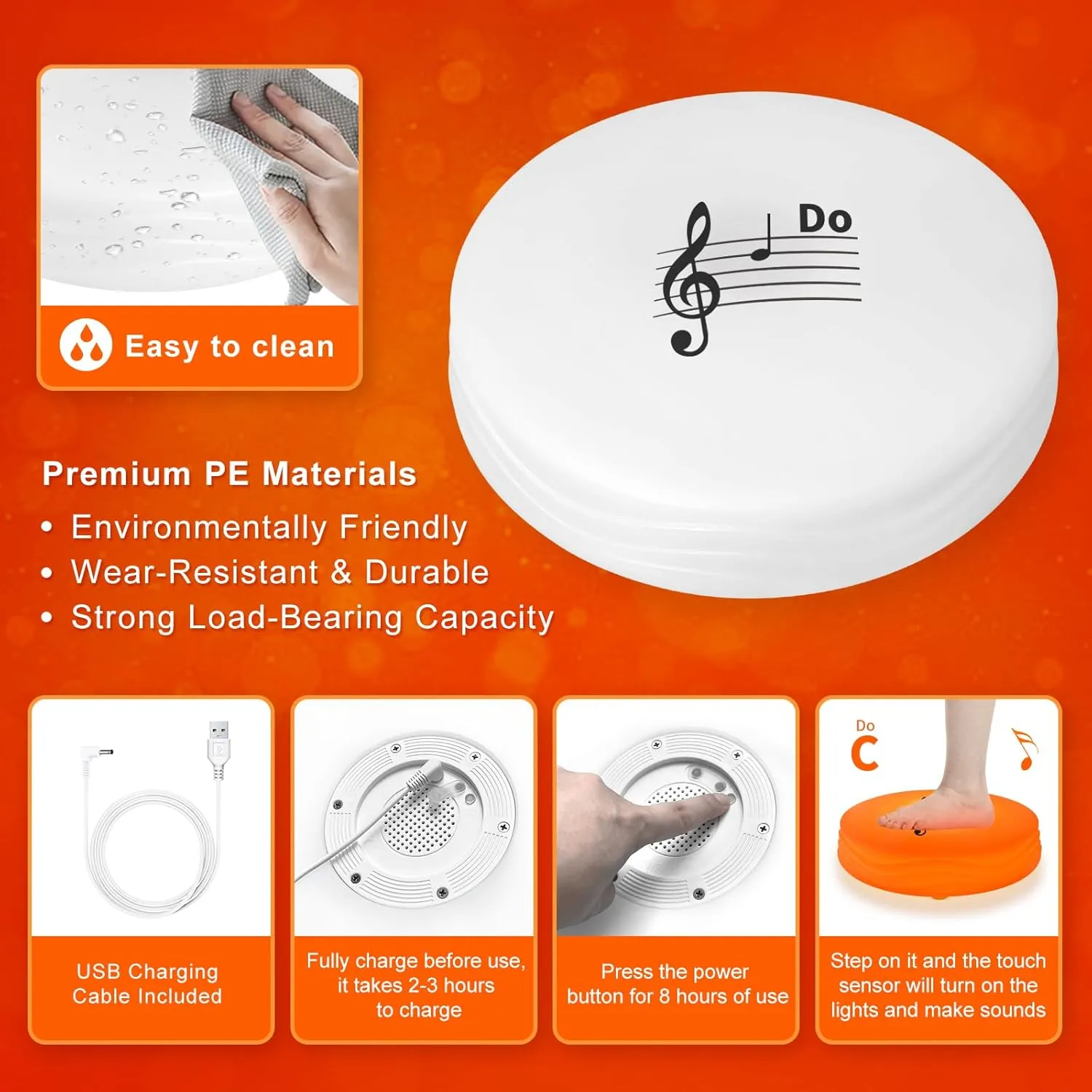 Light Up Musical Floor Games, Touch Sensitive Floor Tiles Kids Toys, Interactive Active Toddler Toys with Piano Sounds, Orange(Do)