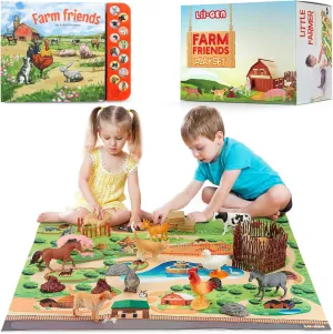 Lil-Gen Farm Animal Toys, Playmat and Education Animal Sound Book, 22pcs - 20 Small Animal Figurines, 1 Playmat, 1 Sound Book - Toy Farm Animals for Children 3 , Farm Playset for Boys/Girls
