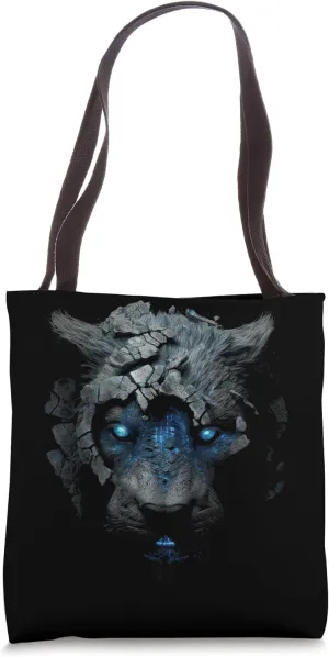 Lion Fantasy Predatory Cat Art - Blue Eyes Robot Animal Tote Bag