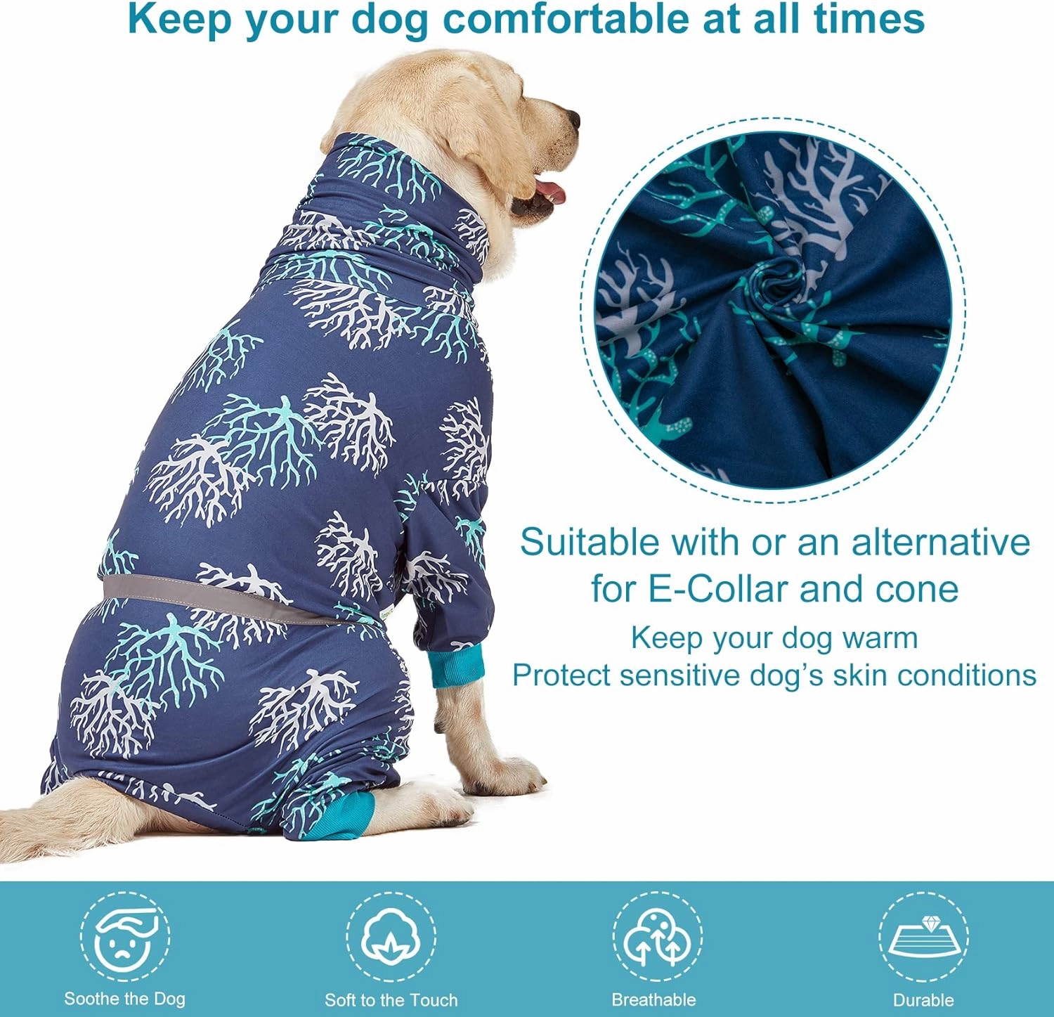 LovinPet Boxer Dogs Onesie Pajamas - UV Protection&Wound Care, Anxiety Relief, Lightweight Stretchy Fabric, Reflective Stripe, Coral Tree Print, Post Surgery Clothes, Pet PJ's/XL