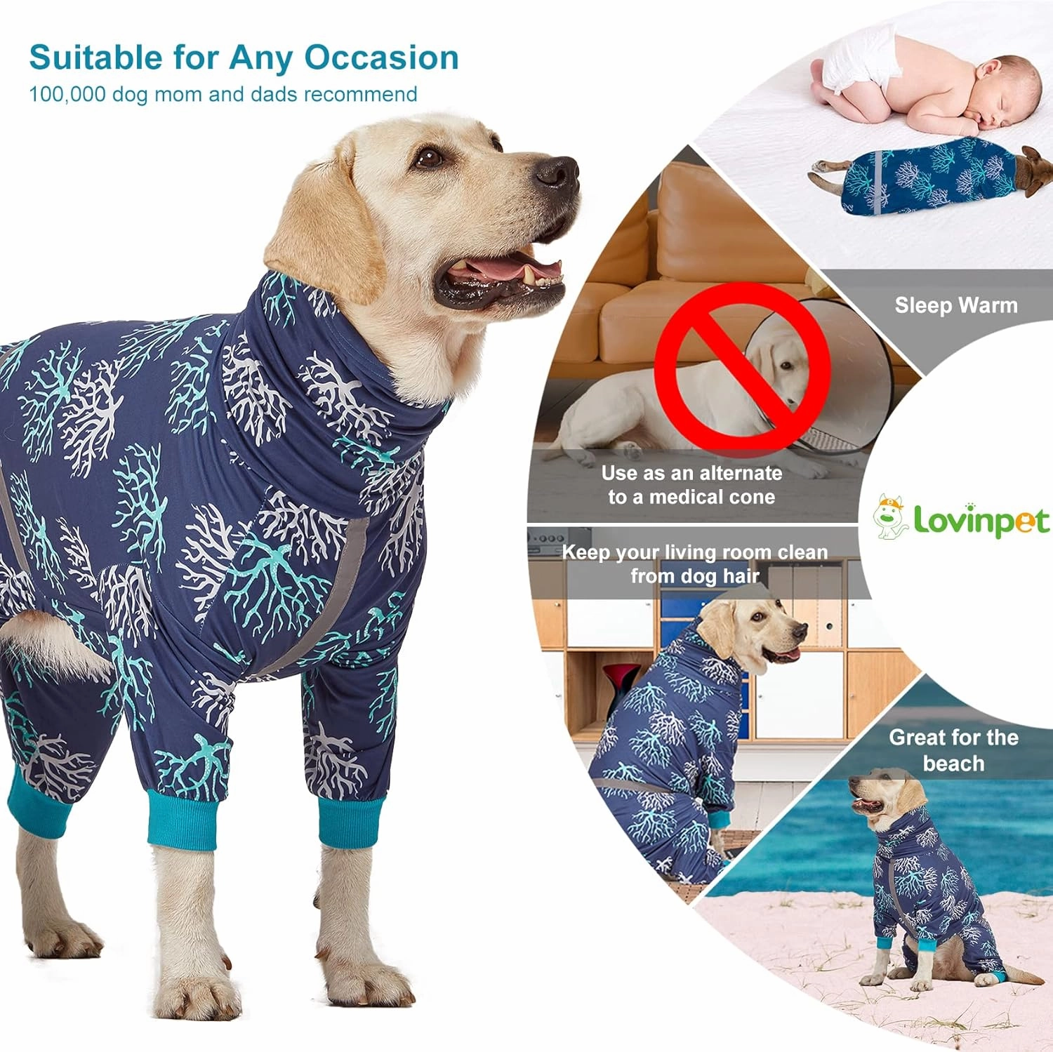 LovinPet Boxer Dogs Onesie Pajamas - UV Protection&Wound Care, Anxiety Relief, Lightweight Stretchy Fabric, Reflective Stripe, Coral Tree Print, Post Surgery Clothes, Pet PJ's/XL