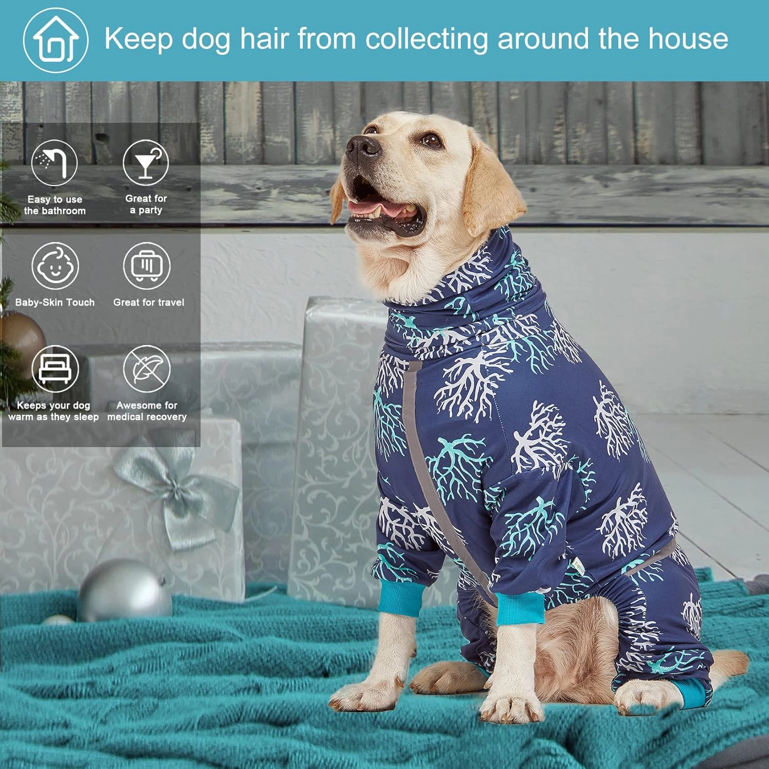 LovinPet Boxer Dogs Onesie Pajamas - UV Protection&Wound Care, Anxiety Relief, Lightweight Stretchy Fabric, Reflective Stripe, Coral Tree Print, Post Surgery Clothes, Pet PJ's/XL