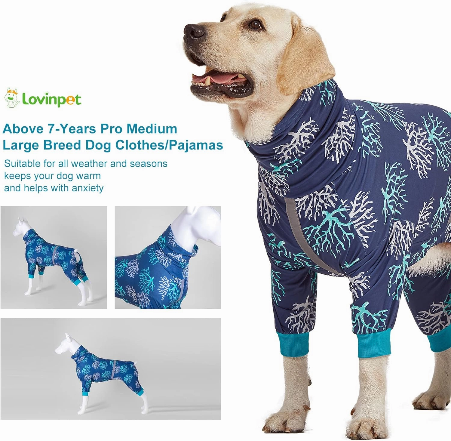 LovinPet Boxer Dogs Onesie Pajamas - UV Protection&Wound Care, Anxiety Relief, Lightweight Stretchy Fabric, Reflective Stripe, Coral Tree Print, Post Surgery Clothes, Pet PJ's/XL