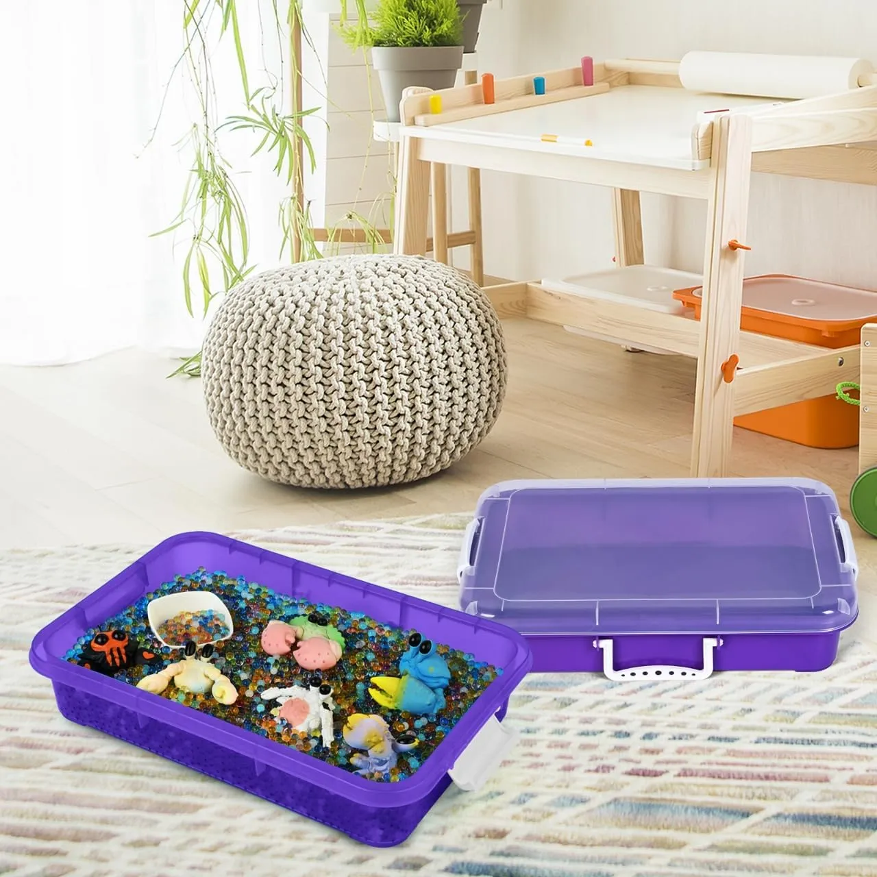 Madzee Plastic Activity Tray with lid for Slime, Beads, Sand and Sensory Toys – 15 Inches (Purple)