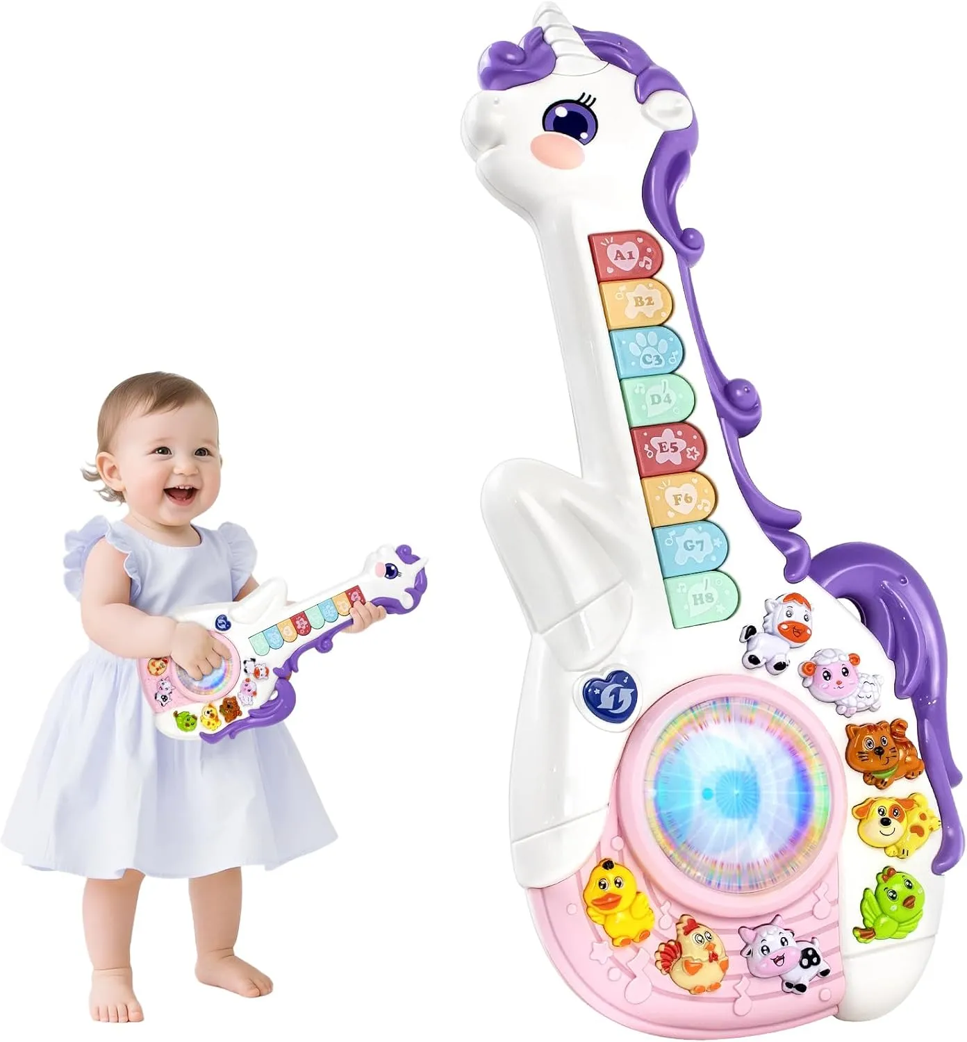 Marstone Toys for 1 Year Old Girl Birthday Gifts: Baby Musical Unicorn Toys 12-18 Months, Educational Cartoon Guitar for Toddlers 1-2, Infant Interactive Learning Present for 1st First Christmas, Xmas
