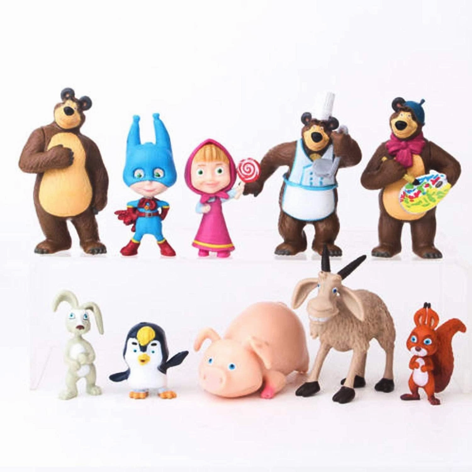 Masha and The Bear RoyalToys Masha Bear Figure Figures Complete Playset 10 Pcs Figures Doll Toys Party Favor Cupcake Topper Masha Bear Figure Set Complete