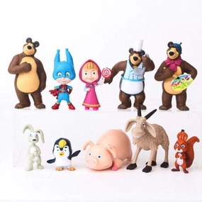 Masha and The Bear RoyalToys Masha Bear Figure Figures Complete Playset 10 Pcs Figures Doll Toys Party Favor Cupcake Topper Masha Bear Figure Set Complete