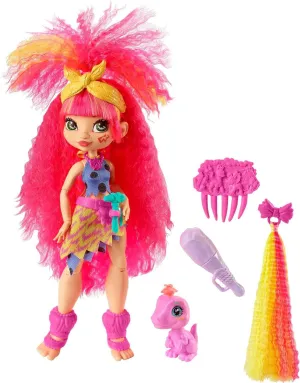 Mattel Cave Club Emberly Doll (8-10-inch, Pink Hair) Poseable Prehistoric Fashion Doll with Dinosaur Pet and Accessories, Gift for 4 Year Olds and Up