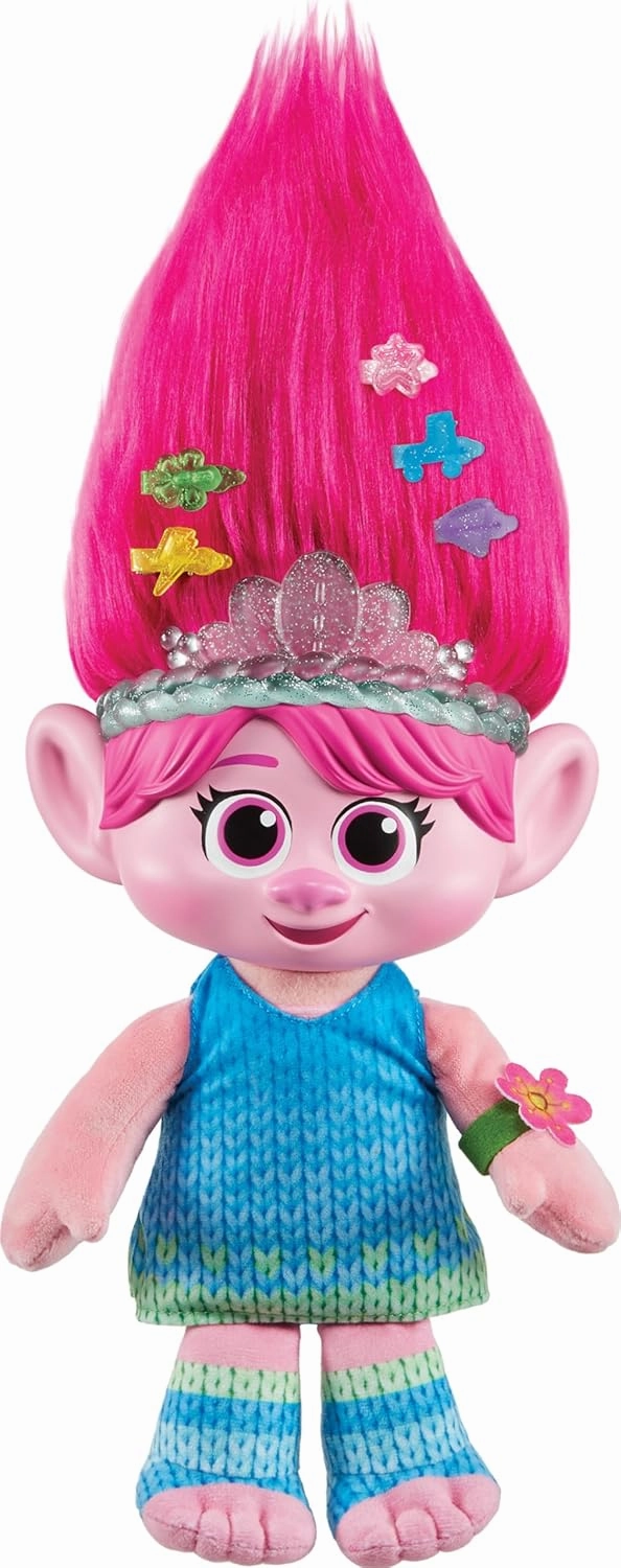 Mattel ​DreamWorks Trolls Band Together Plush Toy, Hair Pops Showtime Surprise Queen Poppy Soft Doll with Lights, Sounds, 1 Hair Pops & 3 Accessories