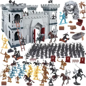 Medieval Castle Knight Playset Toy, Castle Knight Soldier Army Men Toys with 12 Soldiers/8 Cavalry/20 Piracies, Pirate Castle Model Toys for Boys and Kids Gift