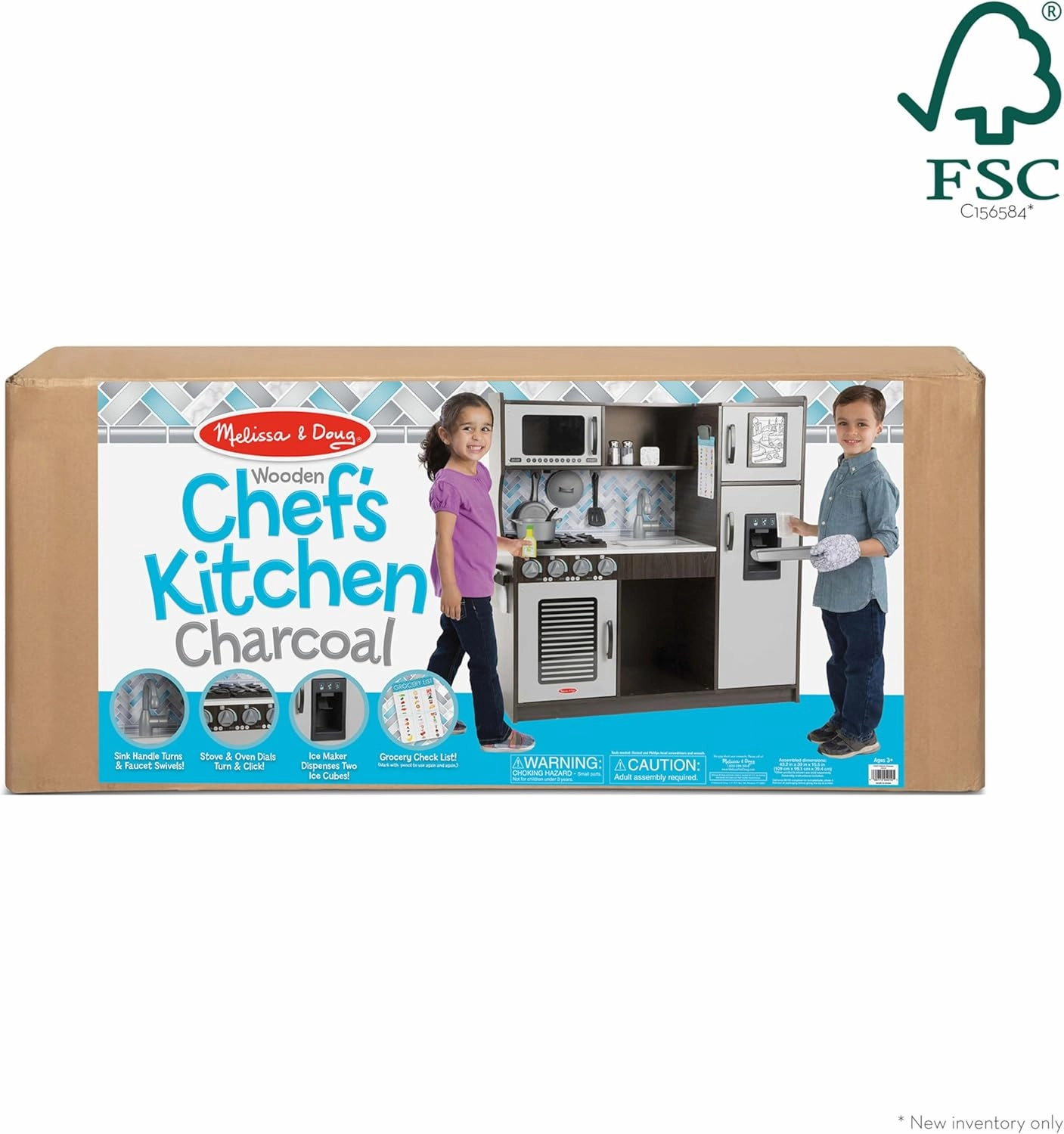 Melissa & Doug Wooden Chef’s Pretend Play Toy Kitchen With “Ice” Cube Dispenser – Charcoal Gray - Kitchen Play Set For Toddlers And Kids Ages 3 , 42.5 x 19.5 x 8.5