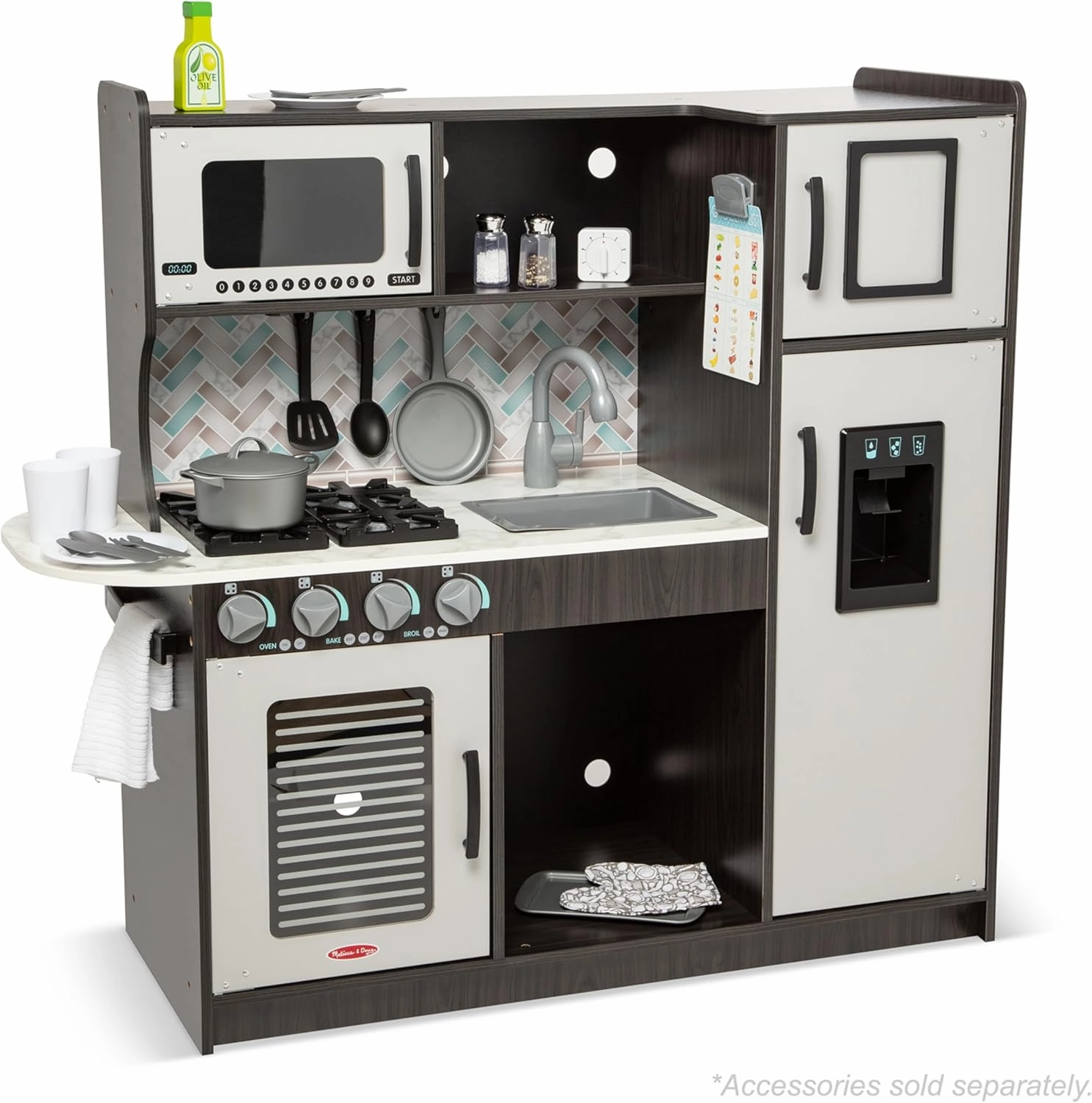 Melissa & Doug Wooden Chef’s Pretend Play Toy Kitchen With “Ice” Cube Dispenser – Charcoal Gray - Kitchen Play Set For Toddlers And Kids Ages 3 , 42.5 x 19.5 x 8.5